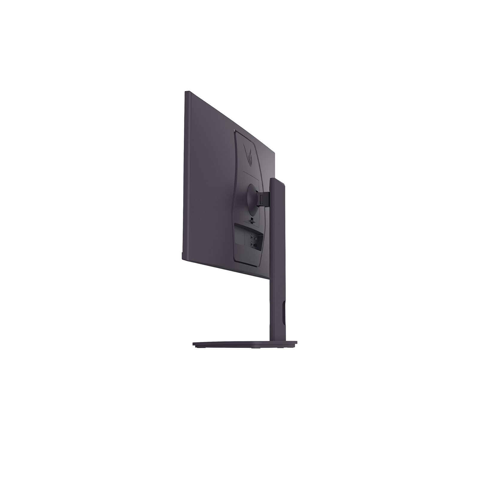 Rückansicht eines dunklen Monitors mit integriertem Standfuß und Anschlüssen.
