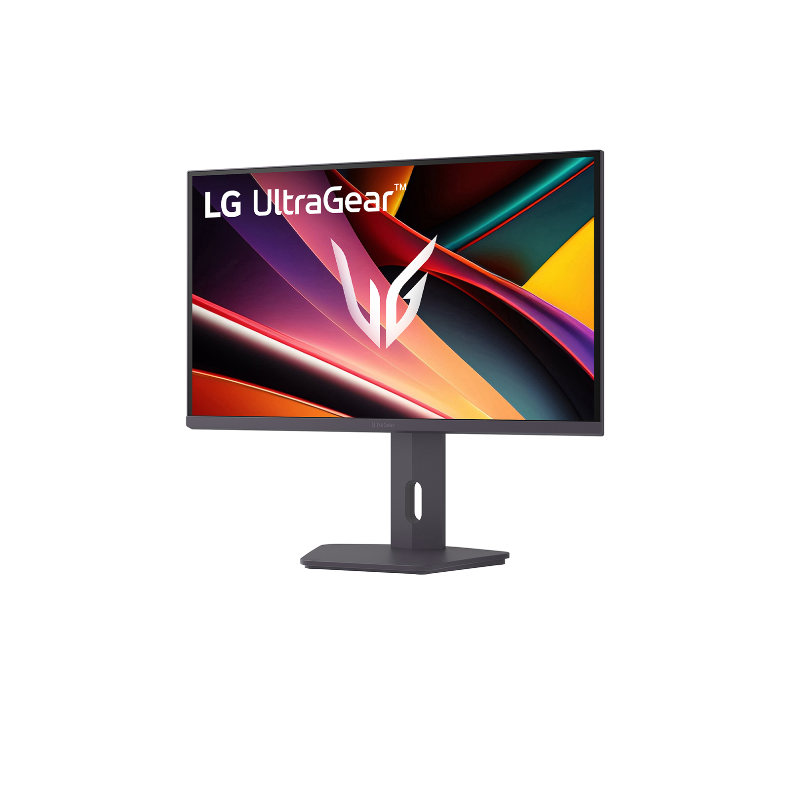 Ein LG UltraGear Monitor mit einem bunten, abstrakten Hintergrund und einem stilisierten Logo.