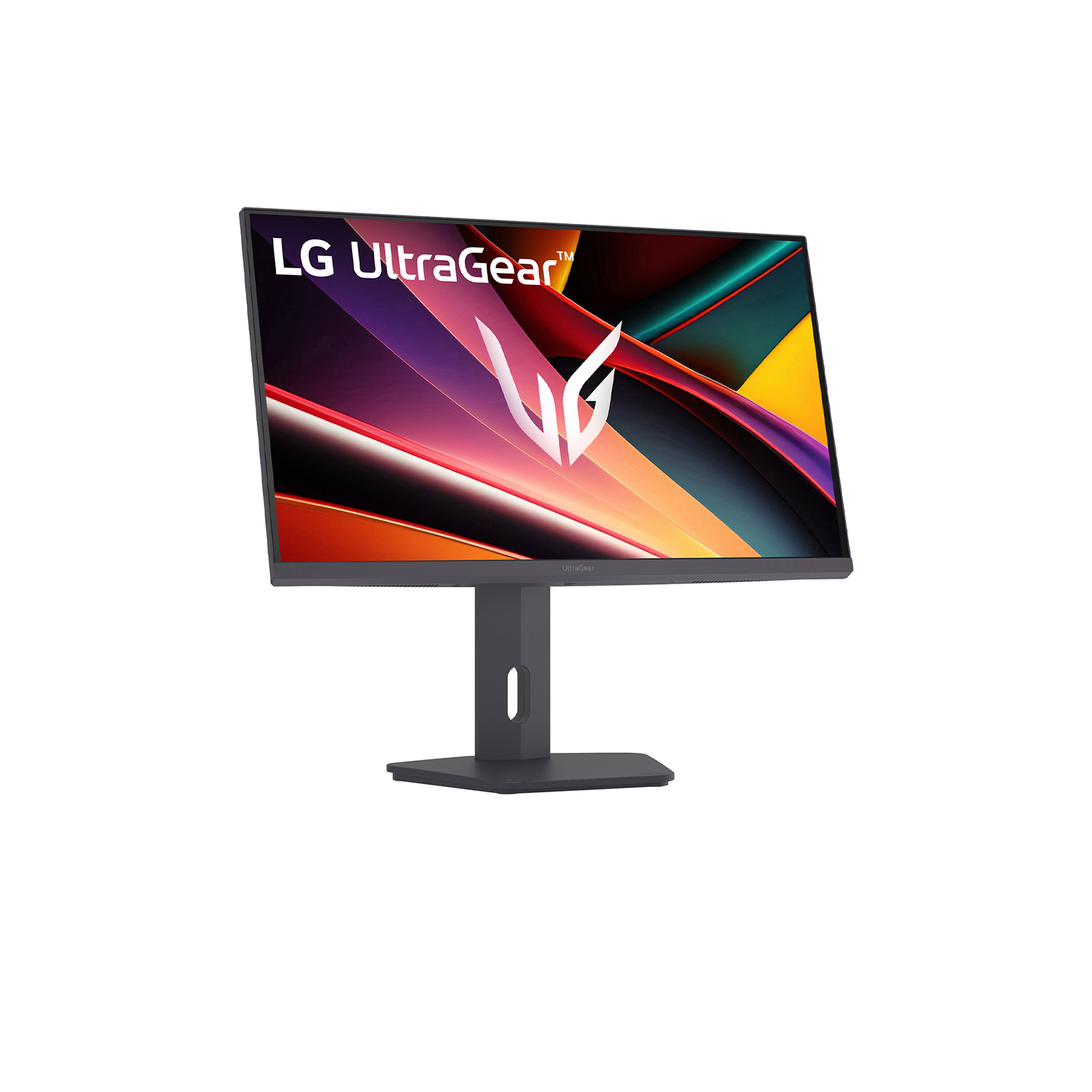 LG UltraGear Monitor mit einem abstrakten, bunten Hintergrund und einem stilisierten LG-Logo.
