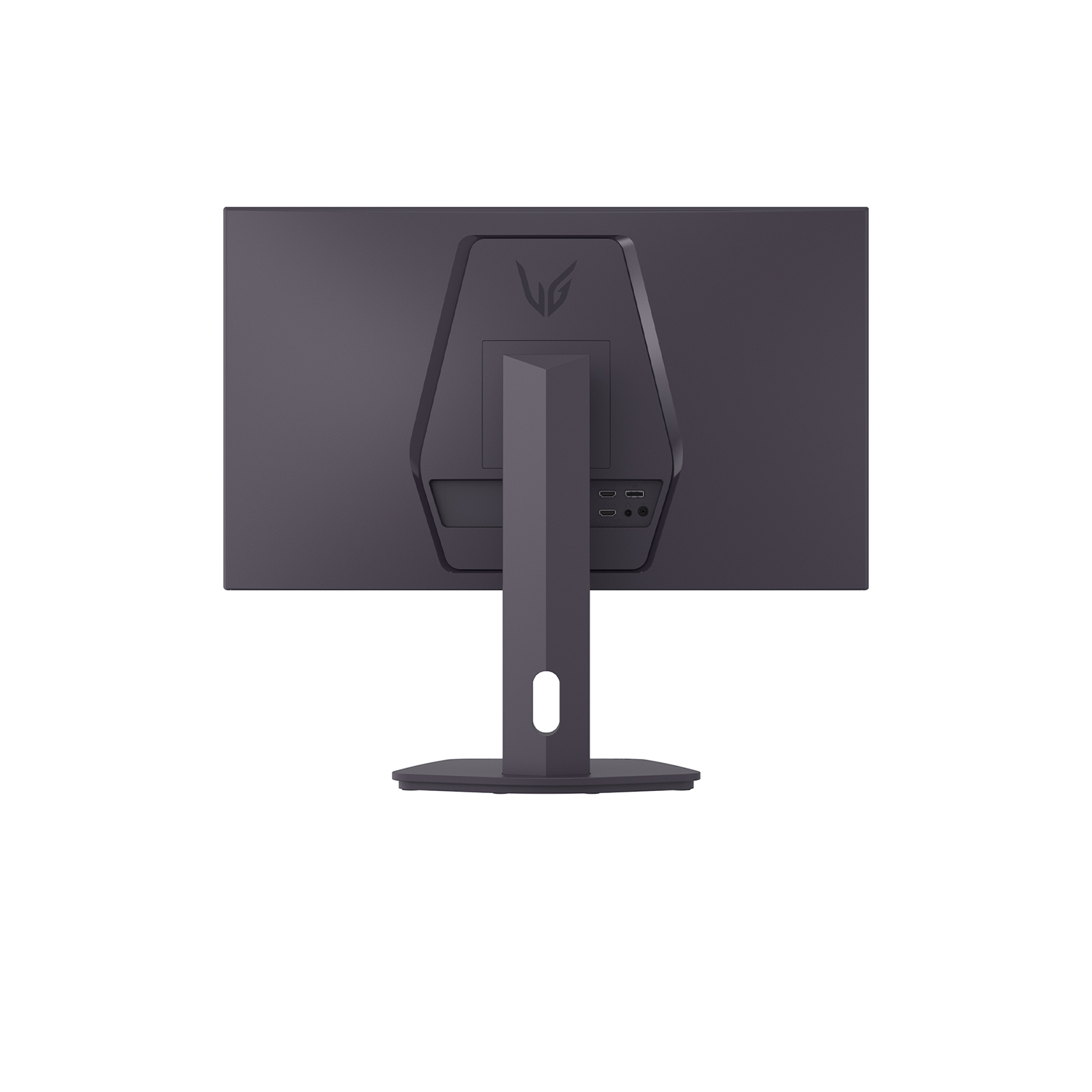 Rückseite eines dunklen Monitors mit LG-Logo und Anschlüssen.