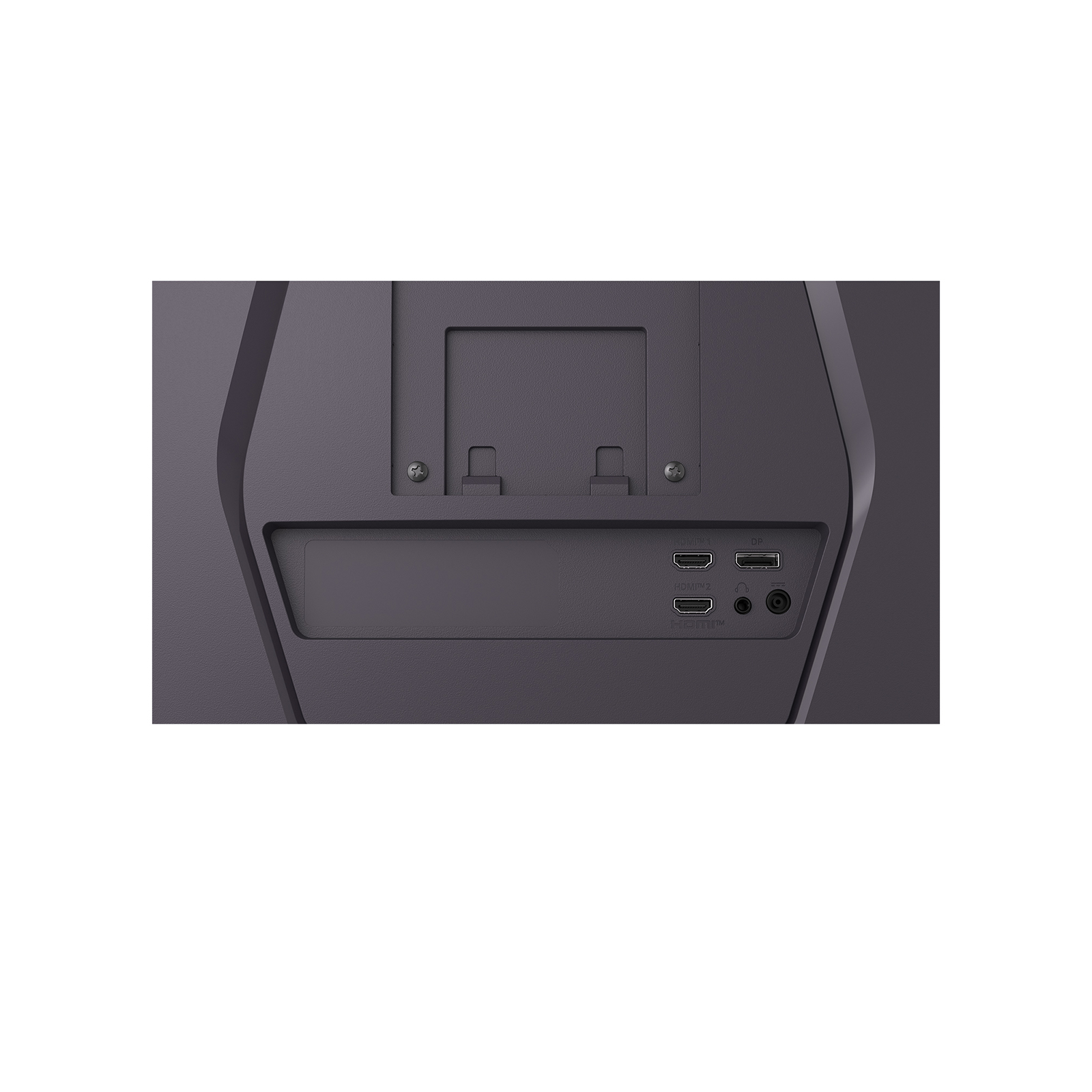 Rückseite eines Monitors mit Anschlüssen: HDMI 1, HDMI 2, DP, Kopfhöreranschluss.