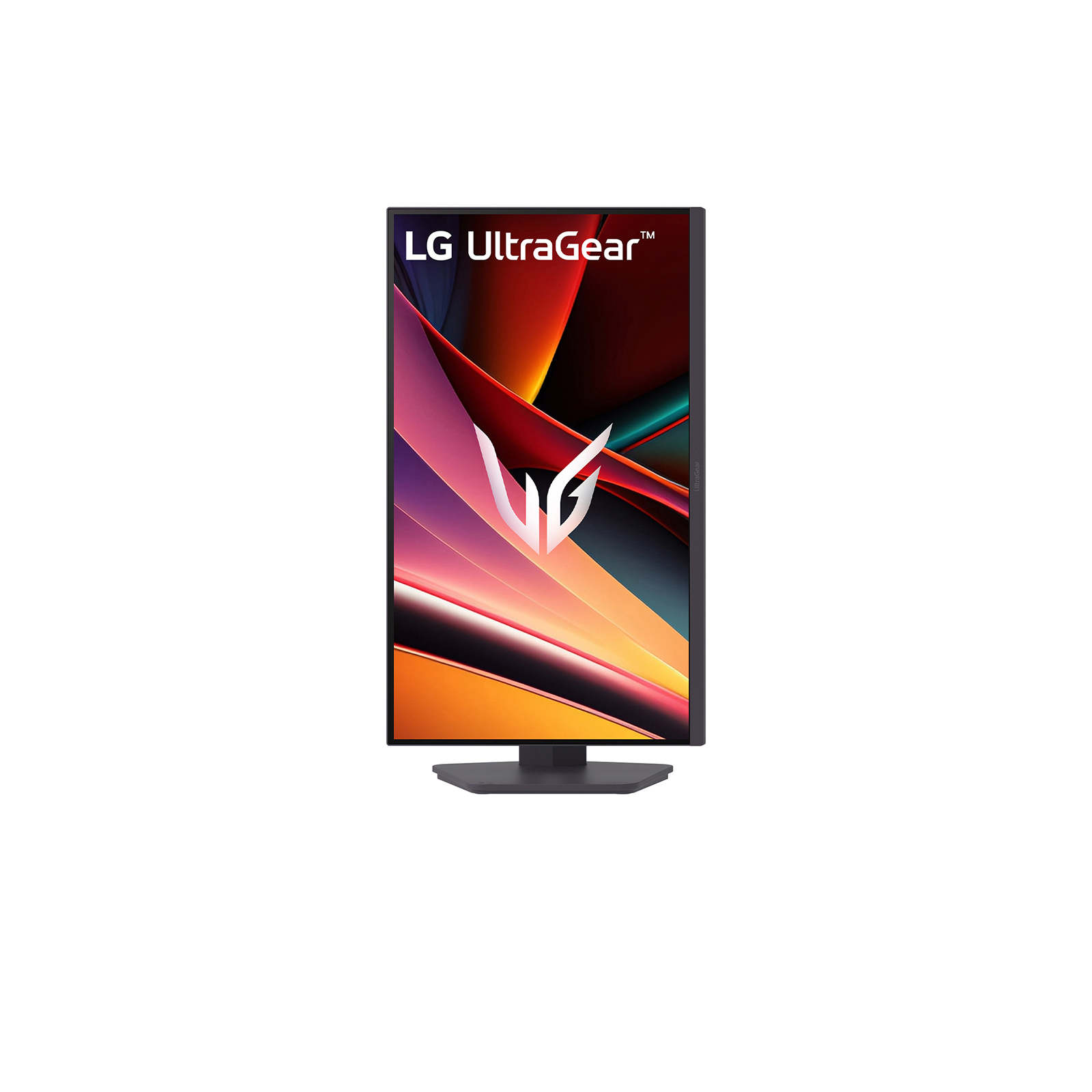 Ein LG UltraGear Gaming-Monitor mit einem abstrakten, bunten Hintergrund.
