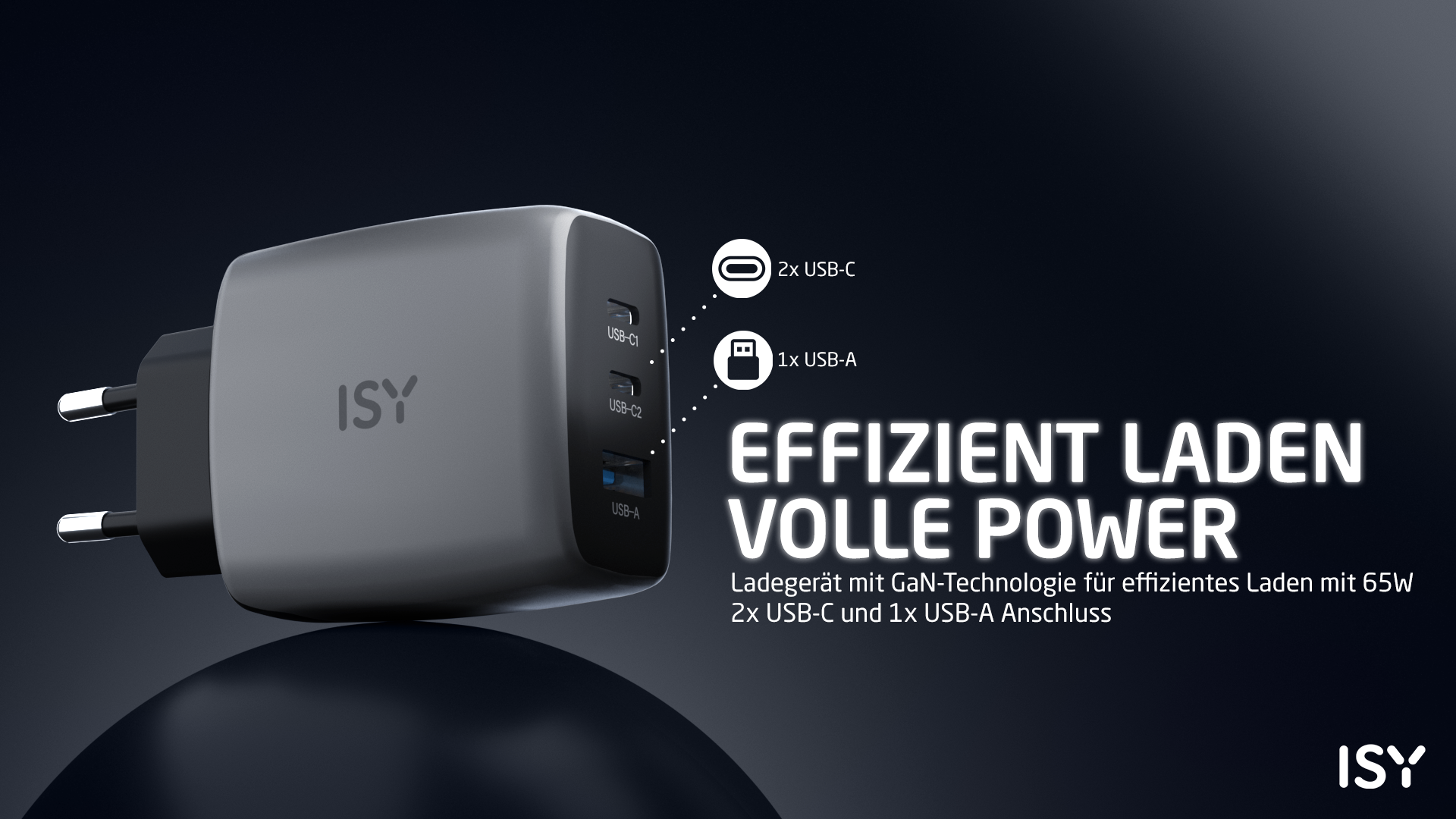 Szara wtyczka ładowarki ISY z dwoma portami USB-C i jednym USB-A.
