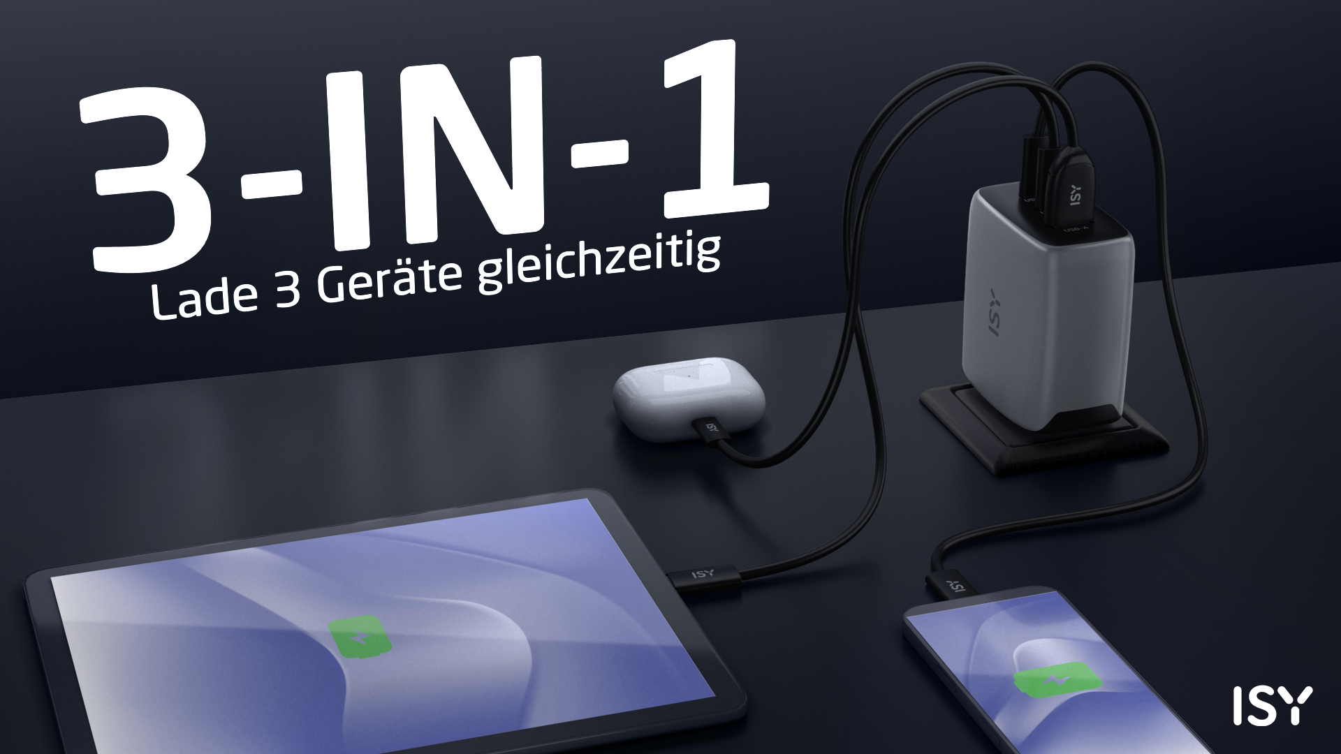 Zasilacz ładuje trzy urządzenia: tablet, smartfon i słuchawki.