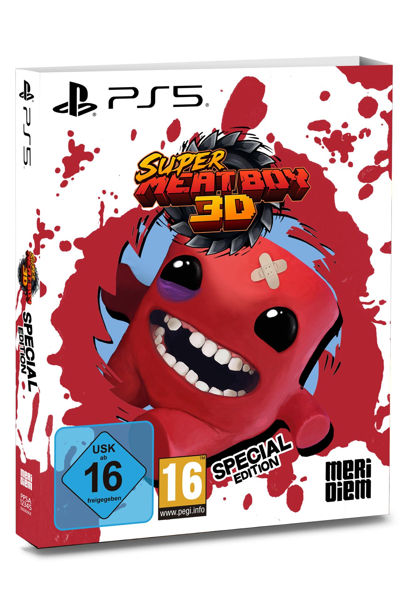 PlayStation 5 Spiel "Super Meat Boy Forever Special Edition" mit rotem Charakter.