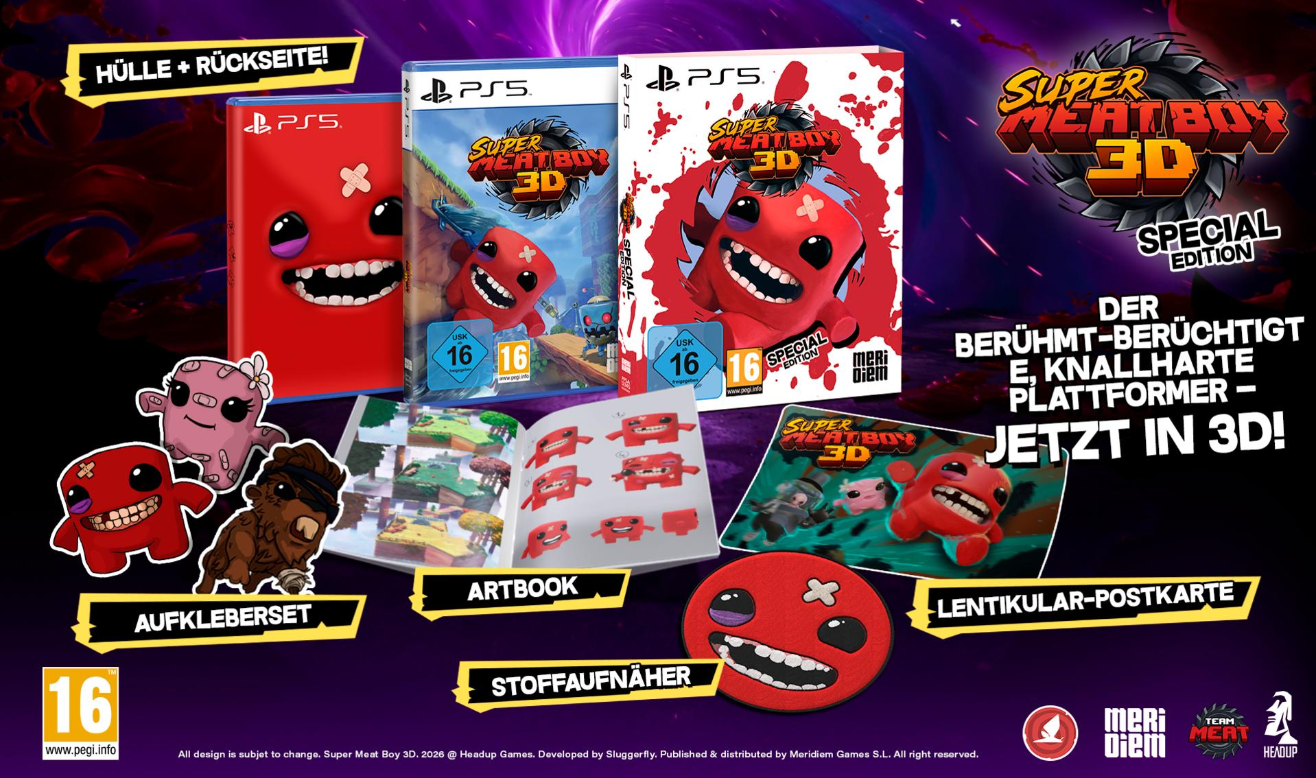 Super Meat Boy 3D Special Edition für PS5 mit Artbook, Aufklebern und Lentikular-Postkarte.