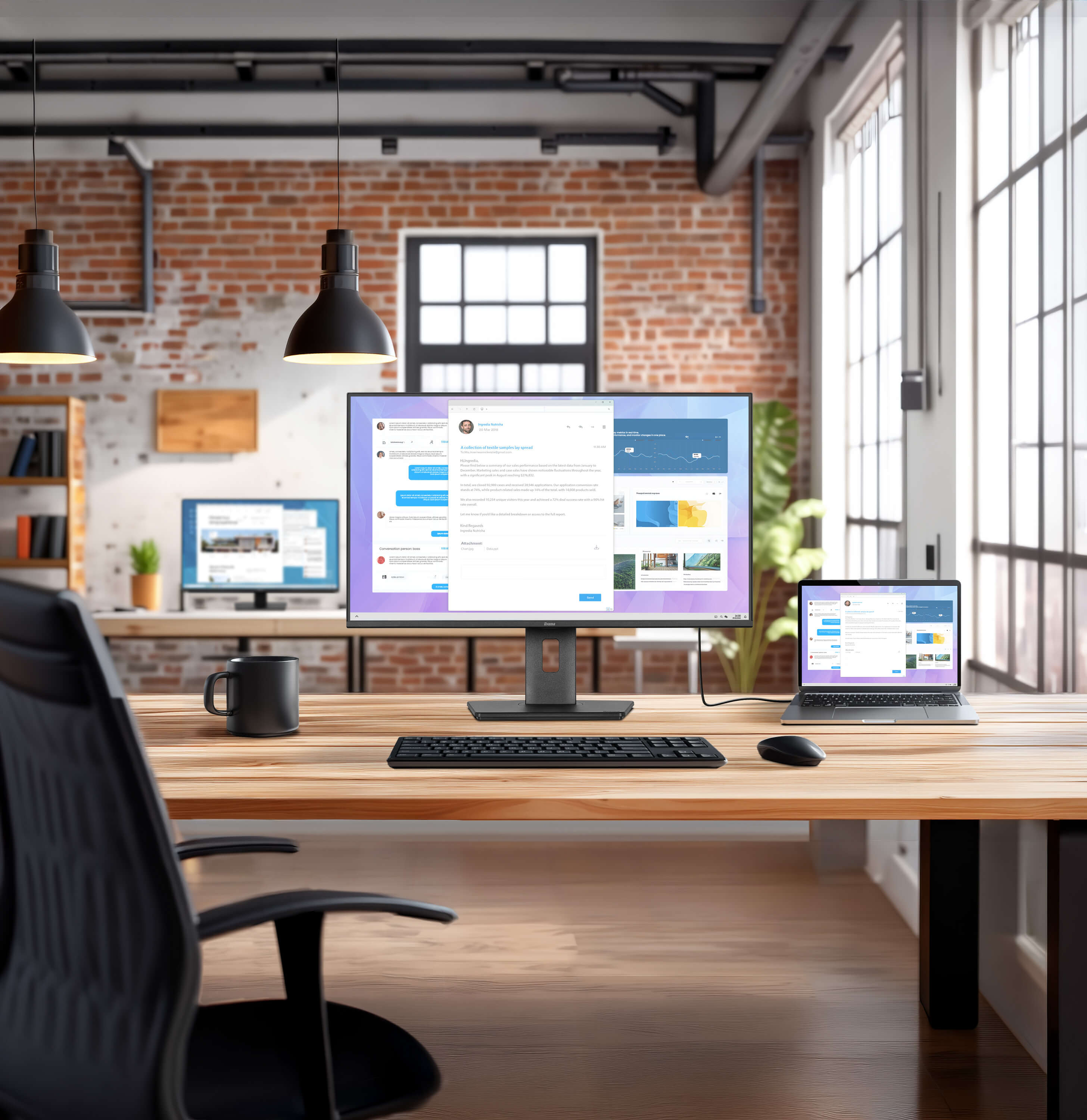 Ein modernes Büro mit Computern, Laptops und einem Schreibtisch.