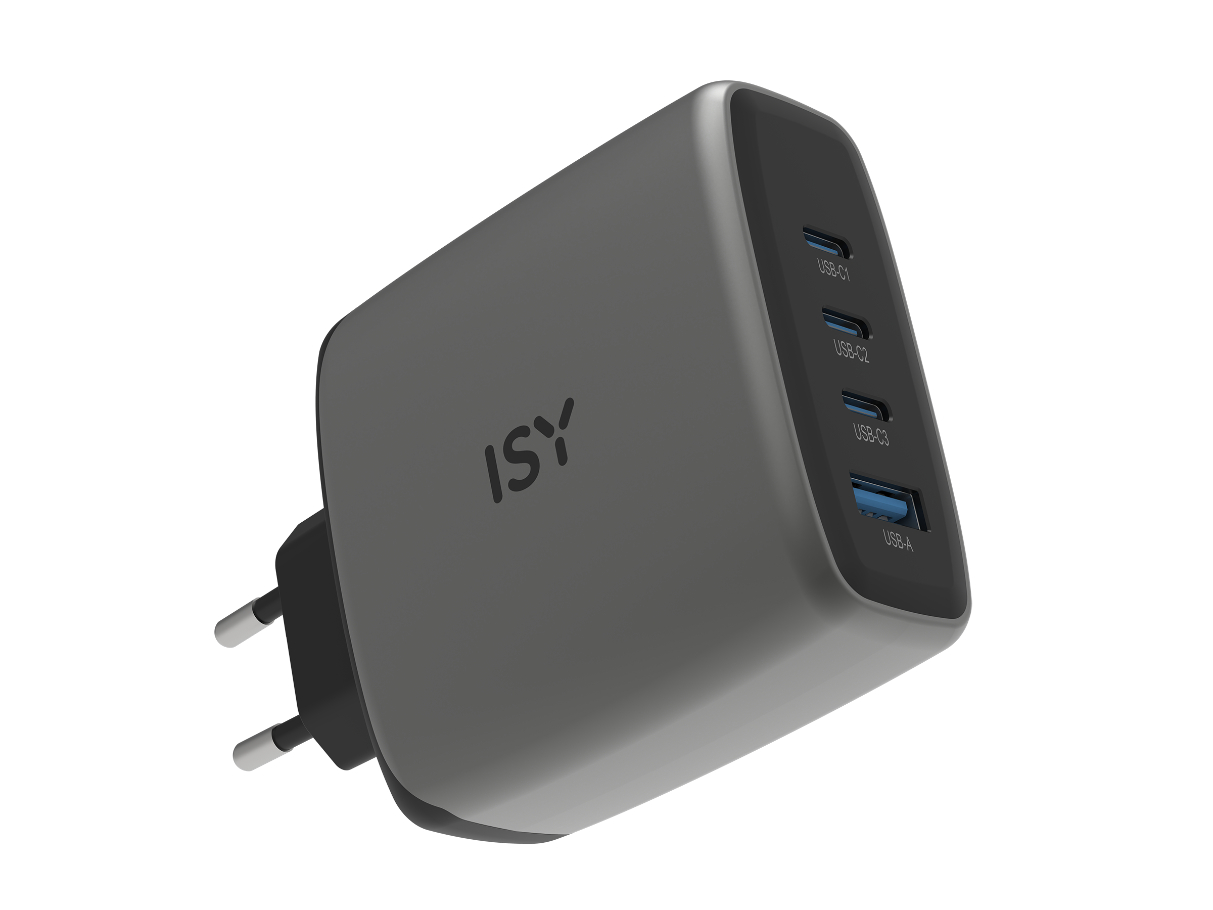 Szara ładowarka sieciowa z czterema portami USB-C i jednym portem USB-A.