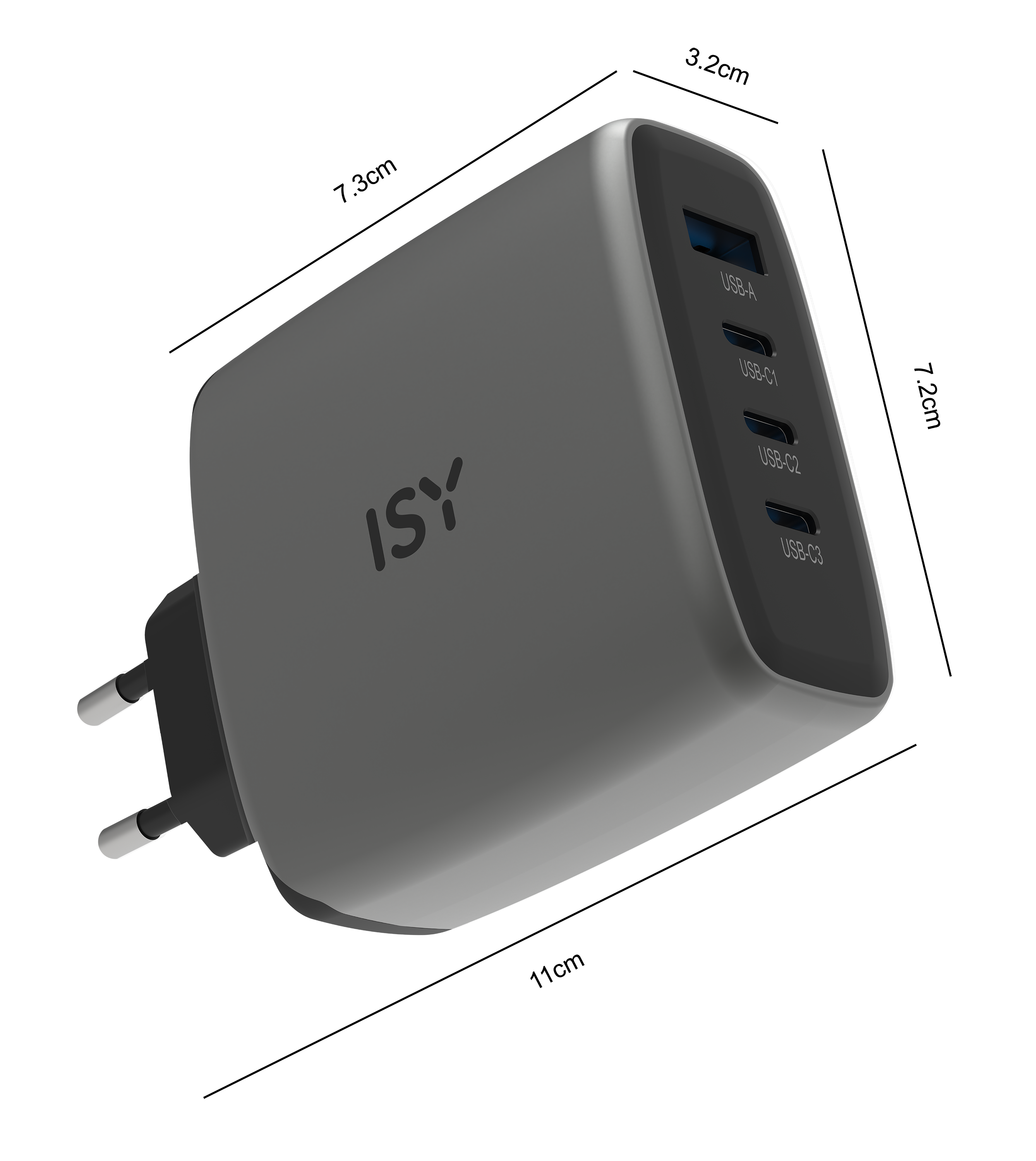Szary adapter ISY z 4 portami USB: 1x USB-A, 3x USB-C.