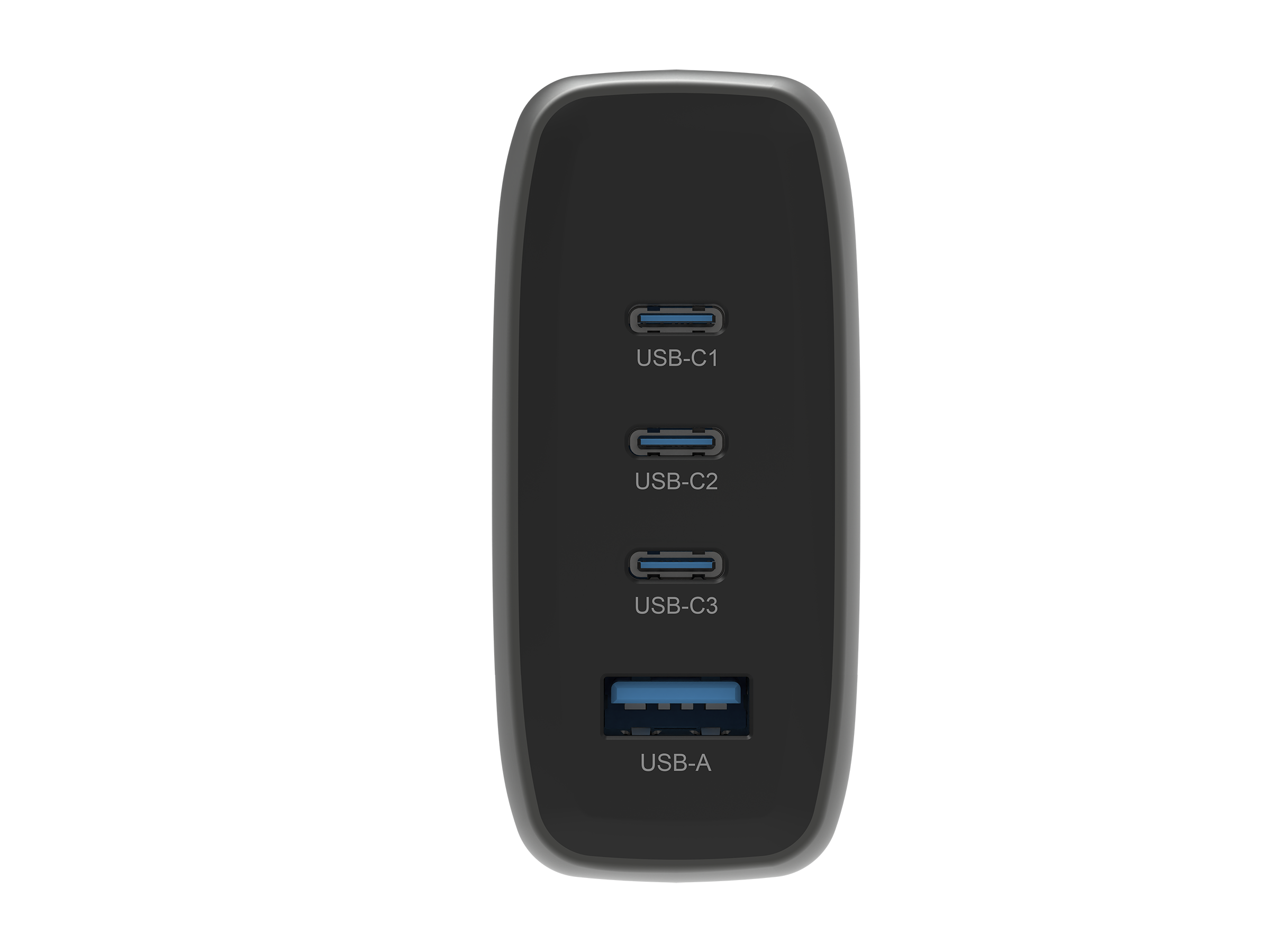 Czarna ładowarka z trzema portami USB-C i jednym portem USB-A.