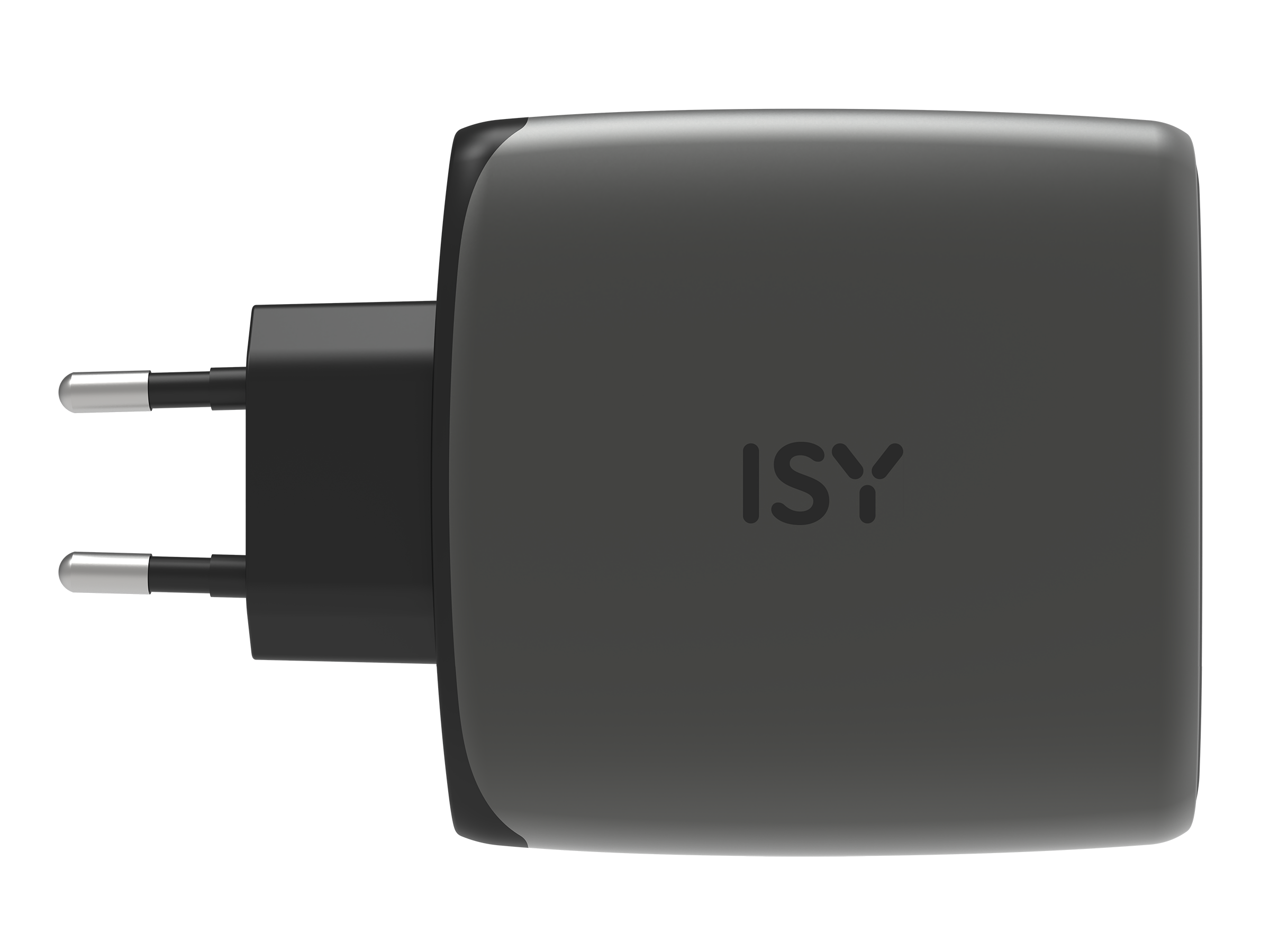 Szary adapter ISY z dwoma srebrnymi bolcami do gniazdka.