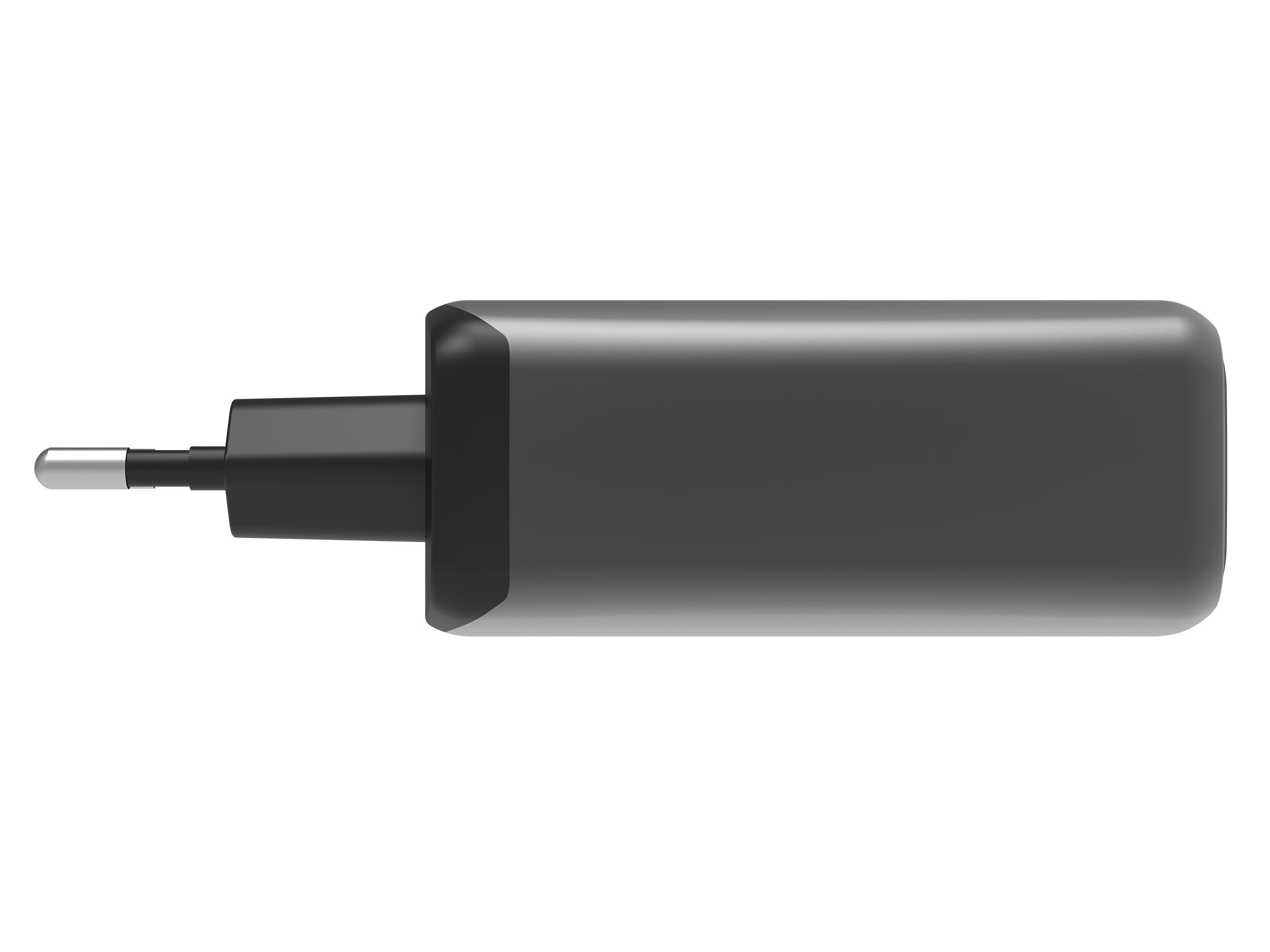 Czarny adapter sieciowy ze srebrnym bolcem, wyizolowany na czarnym tle.