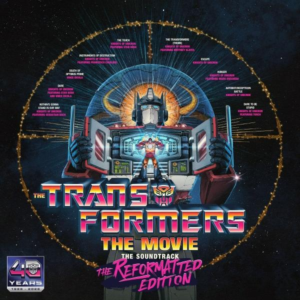 Soundtrack-Cover: Optimus Prime mit Songtiteln in einem Kreis.
