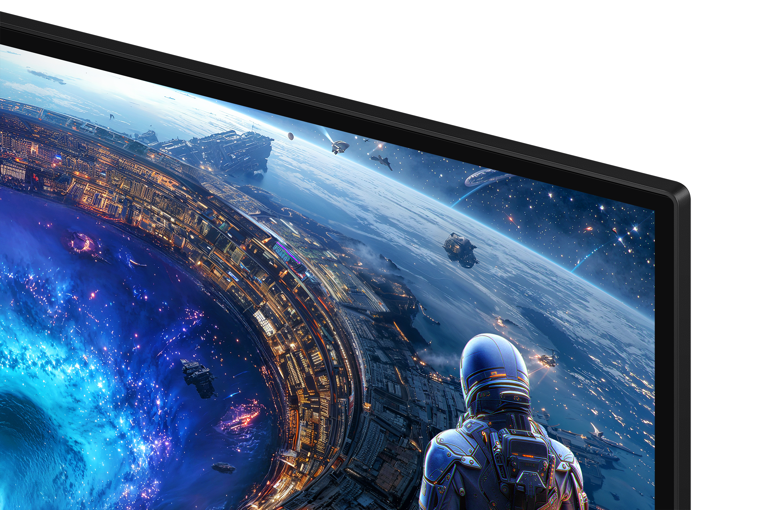Astronaut views a glowing alien city on a planet, with spaceships in the starry sky.