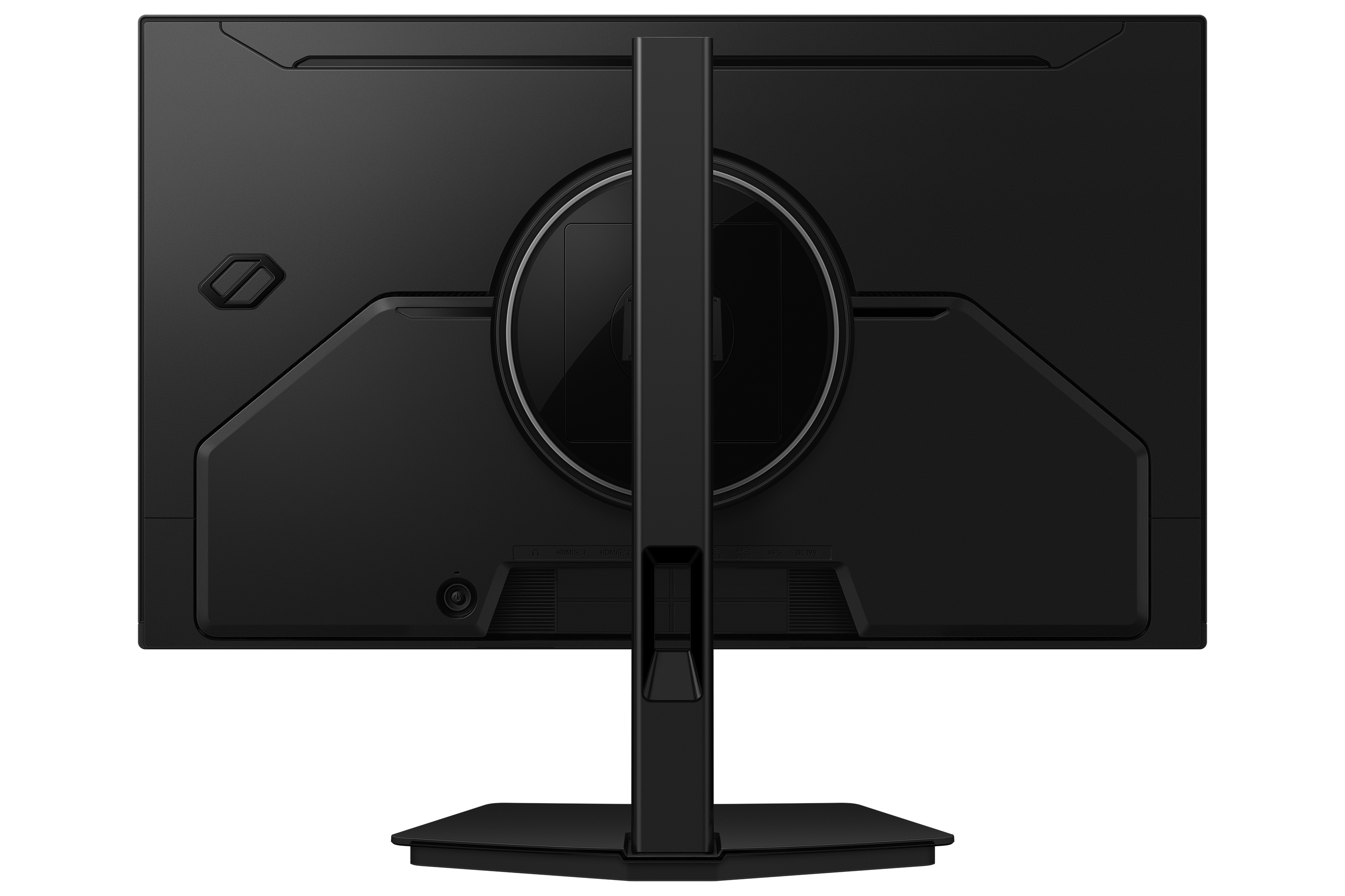Rückseite eines schwarzen Monitors mit Ständer und Anschlüssen.