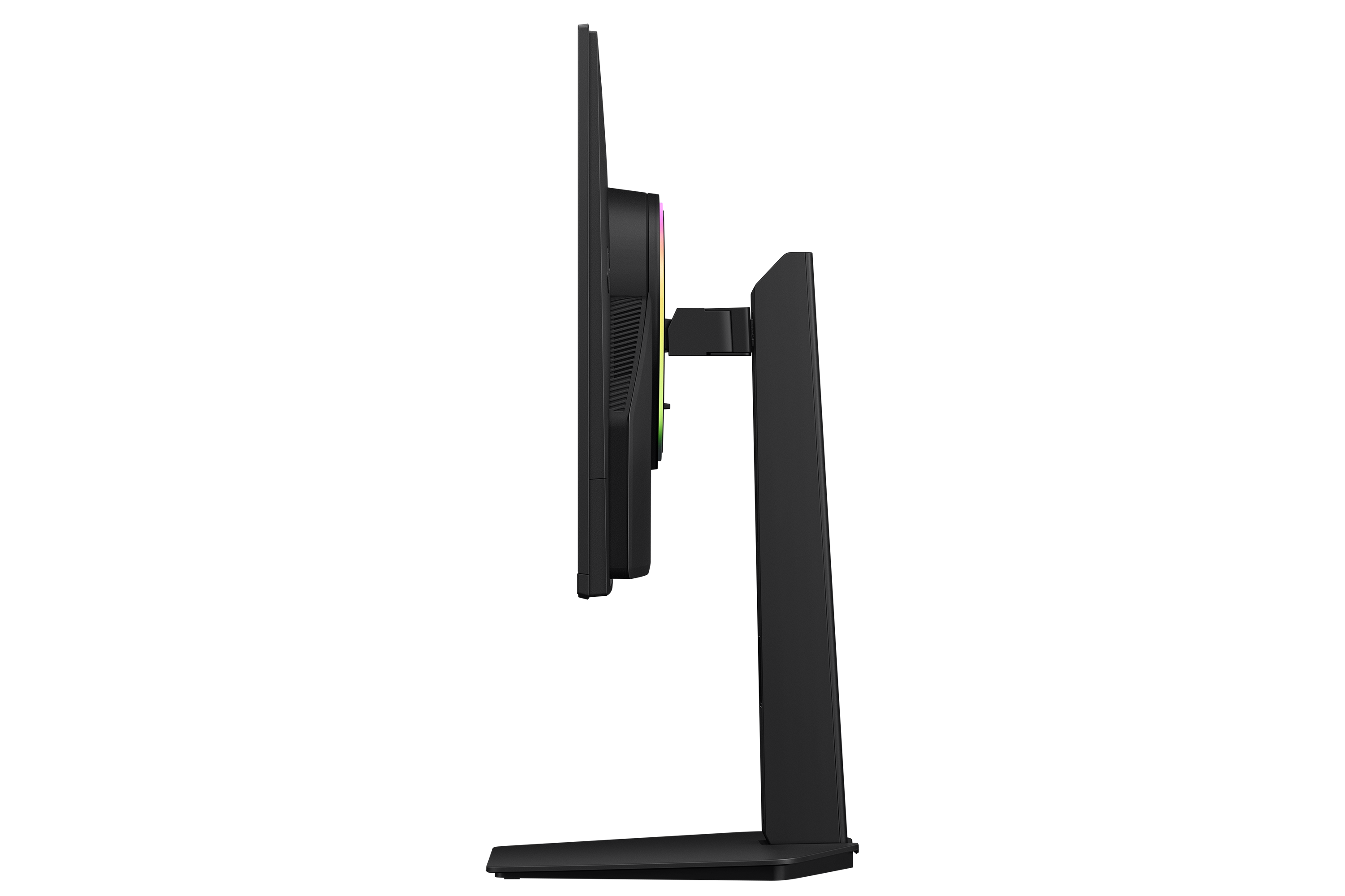 Side view of a black monitor with RGB lighting on the edge.