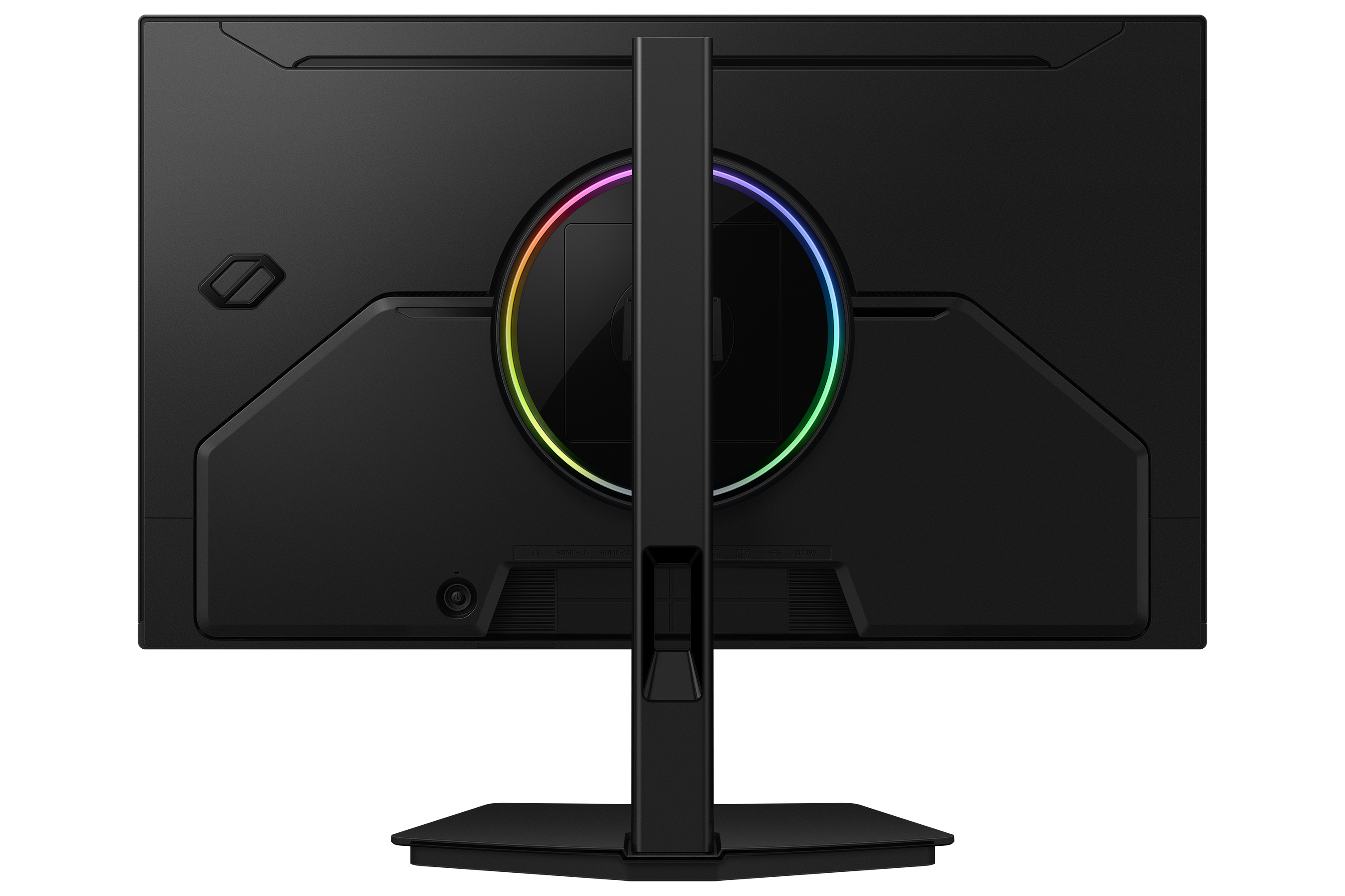 Back of a black monitor with RGB lighting and ports.