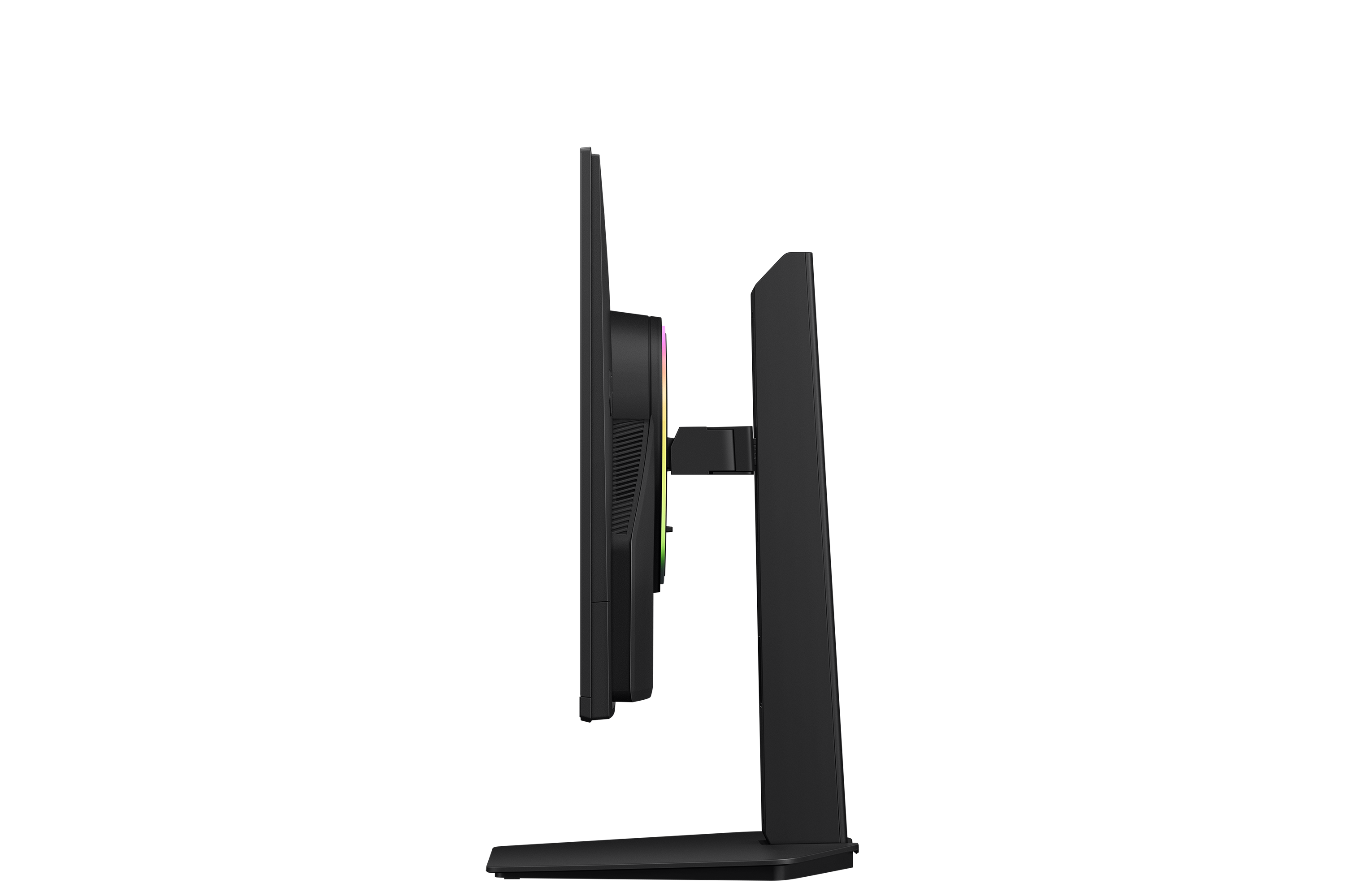Side view of a black monitor with RGB lighting on its stand.