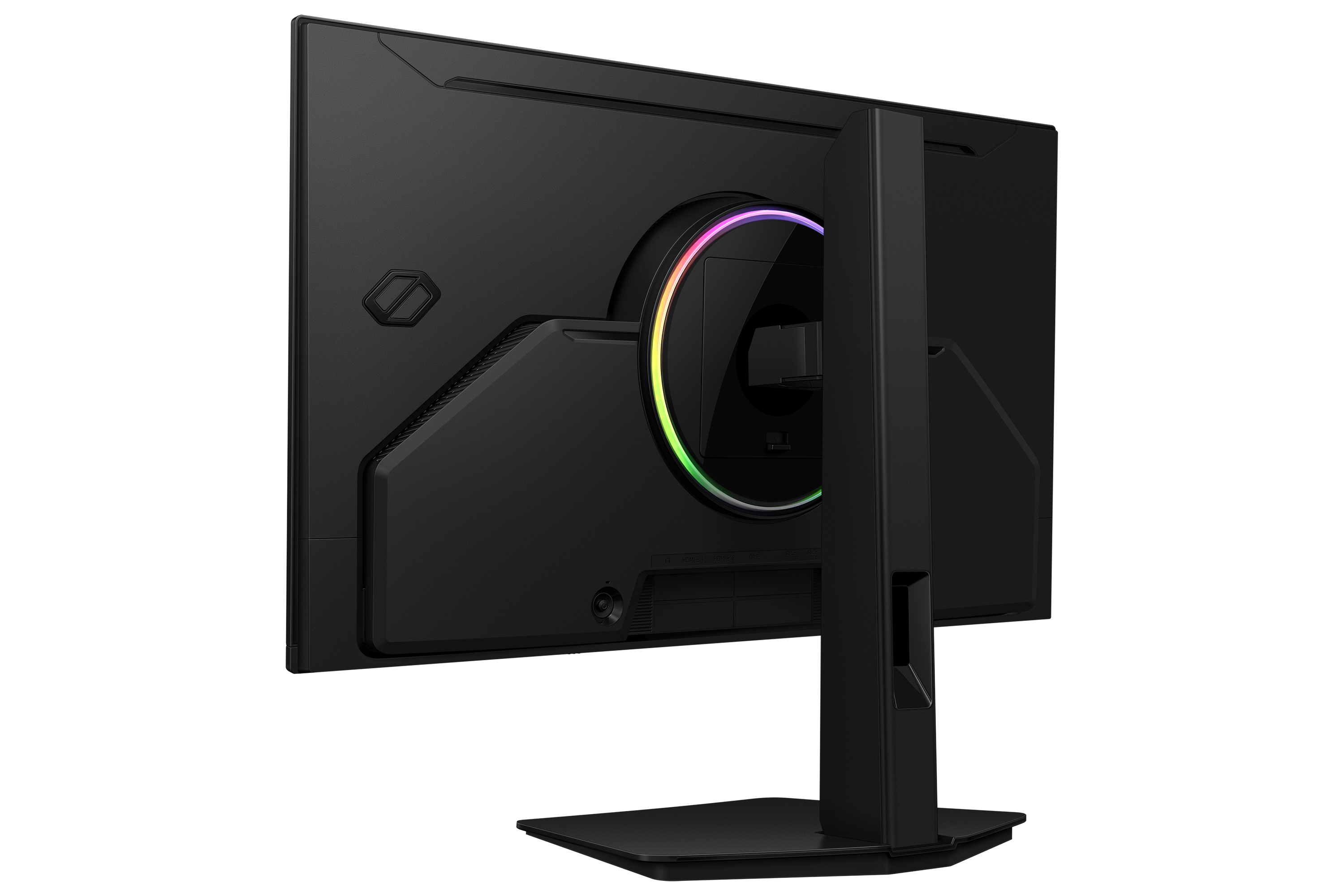 Rear view of a black monitor featuring RGB lighting and connection ports.