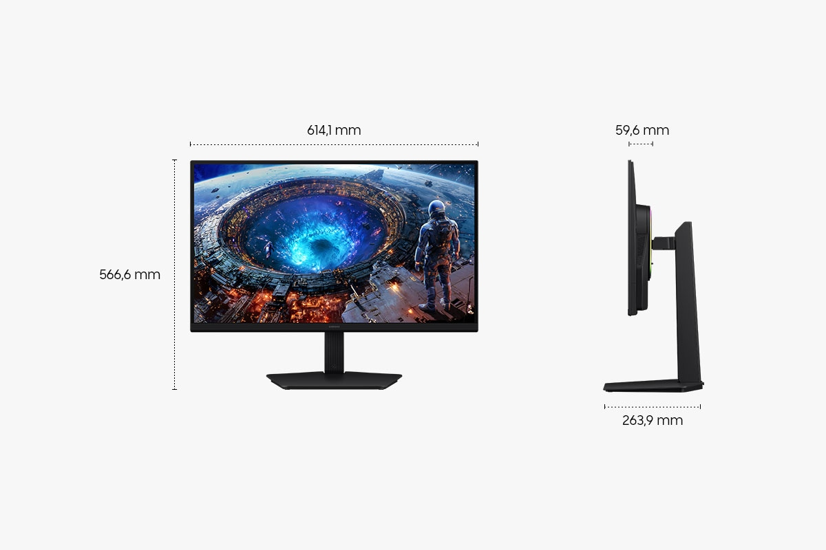 Ein Monitor mit einem Astronauten auf einer futuristischen Stadtansicht. Maße sind angegeben.