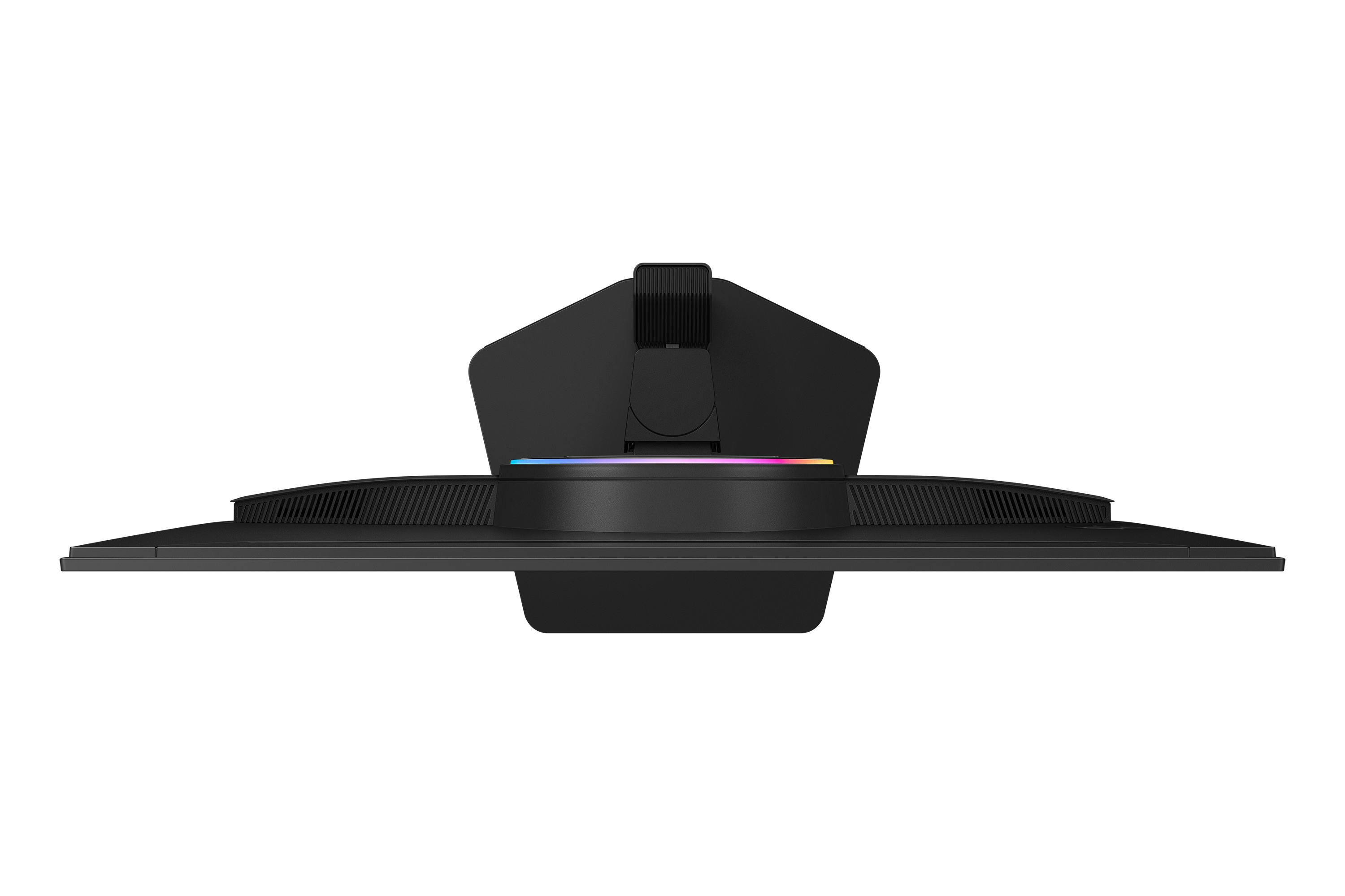 Top view of a black monitor with an RGB light bar and adjustable stand.
