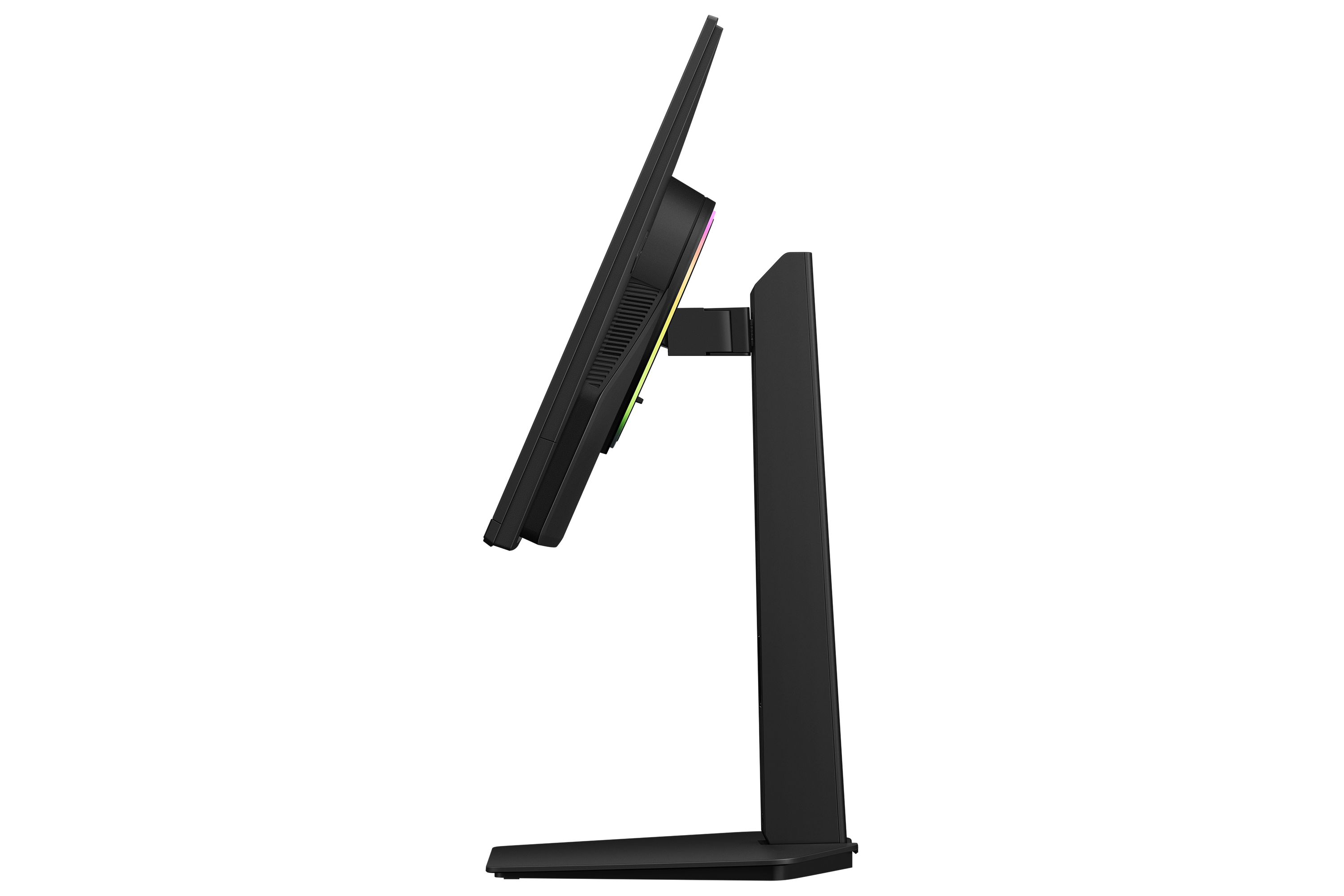 Black monitor seen from the side, with RGB lighting along the bottom edge.