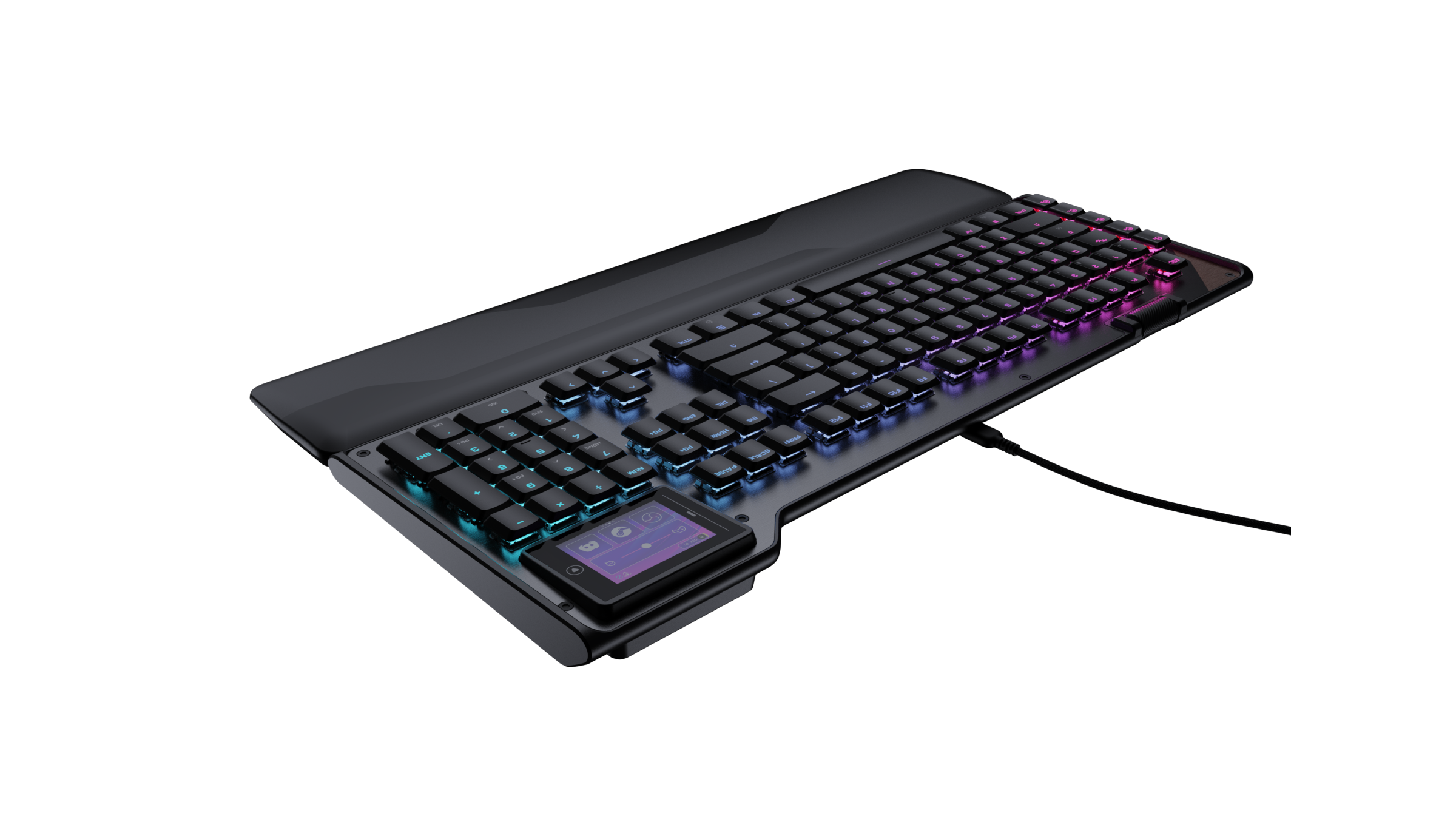 Schwarze Tastatur mit beleuchteten Tasten und kleinem Bildschirm.