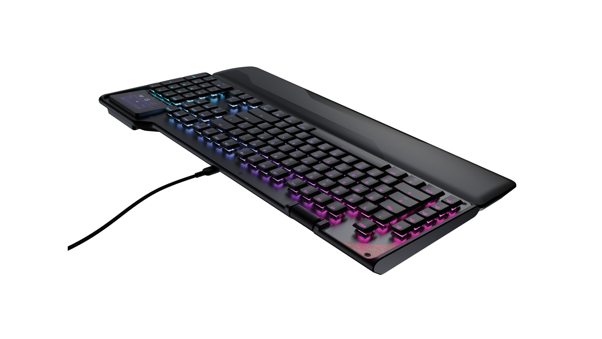 Eine schwarze Tastatur mit RGB-Beleuchtung und kleinem Display.