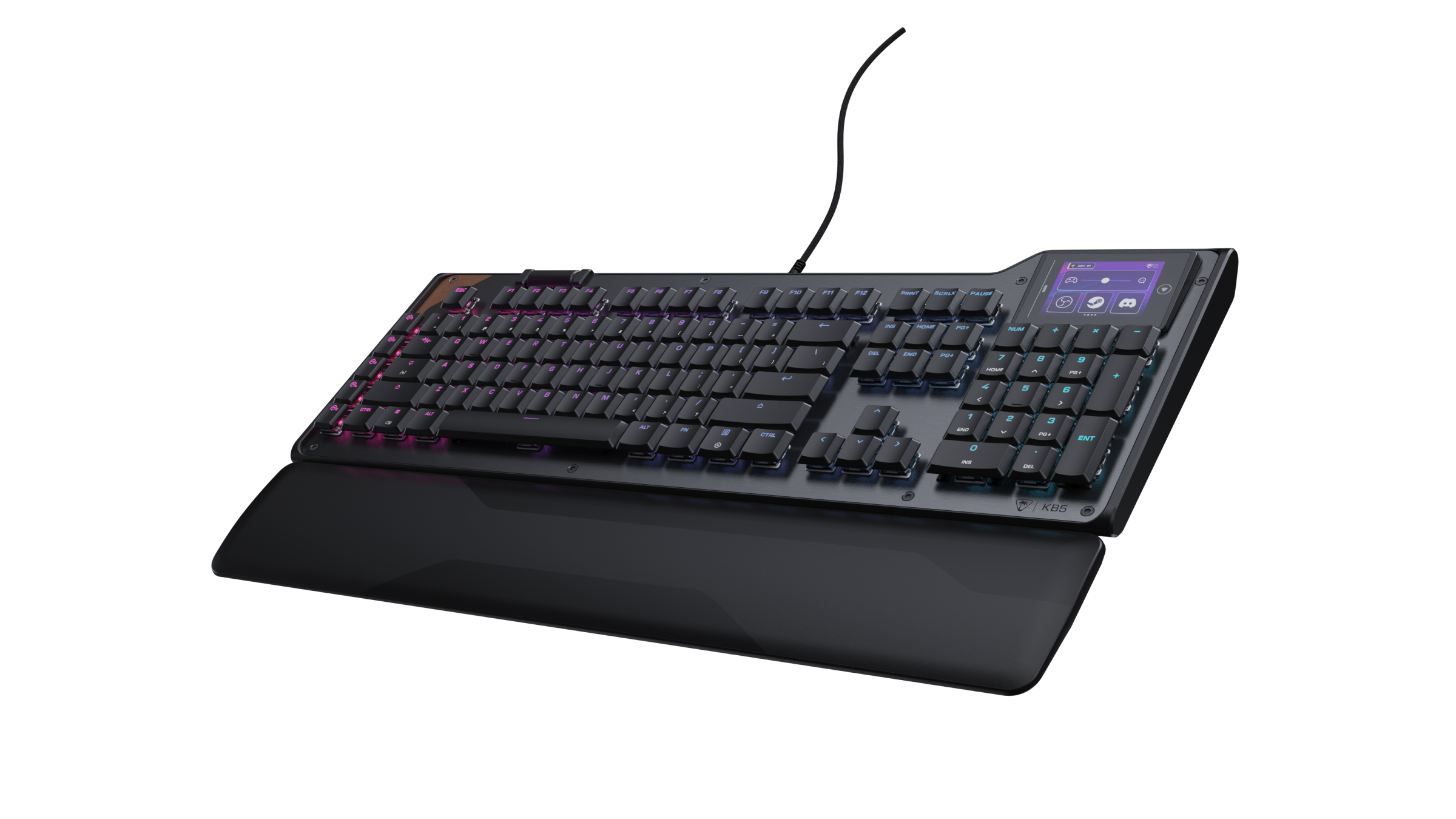 Eine schwarze Tastatur mit RGB-Beleuchtung und Handballenauflage auf schwarzem Hintergrund.