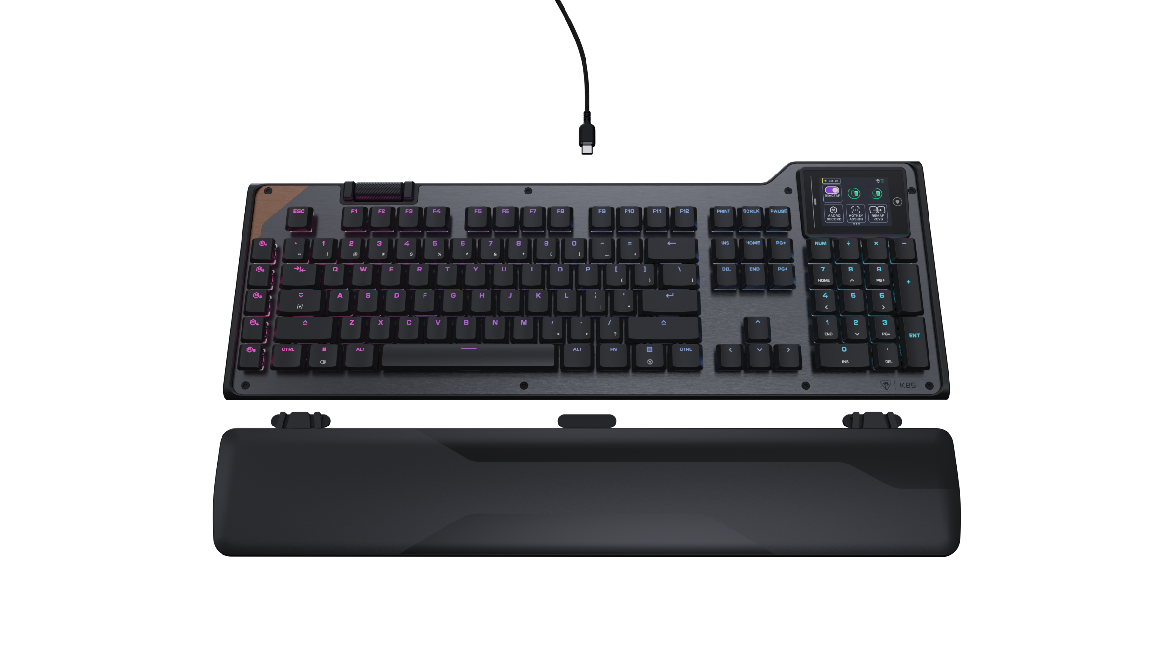 Eine schwarze Tastatur mit RGB-Beleuchtung und Handgelenkauflage, mit USB-Kabel.
