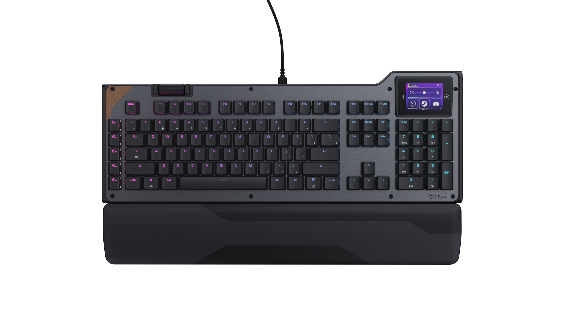 Eine dunkle Tastatur mit RGB-Beleuchtung und einem kleinen LCD-Bildschirm.