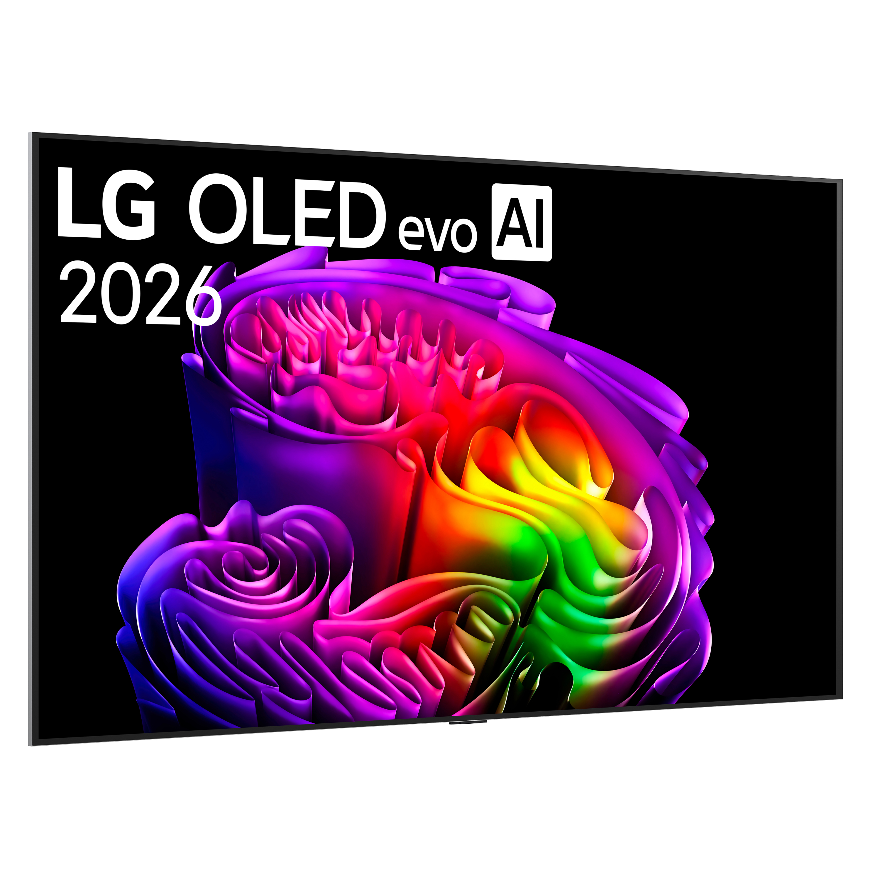 Telewizor LG OLED evo AI z napisem "2026" i abstrakcyjną, kolorową grafiką.