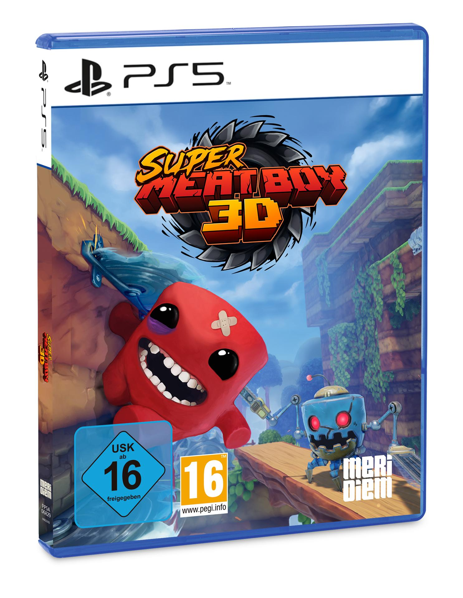 Cover von Super Meat Boy Forever PS5. Ein roter Charakter mit Augen und Pflaster. Blauer Roboter mit roten Augen.