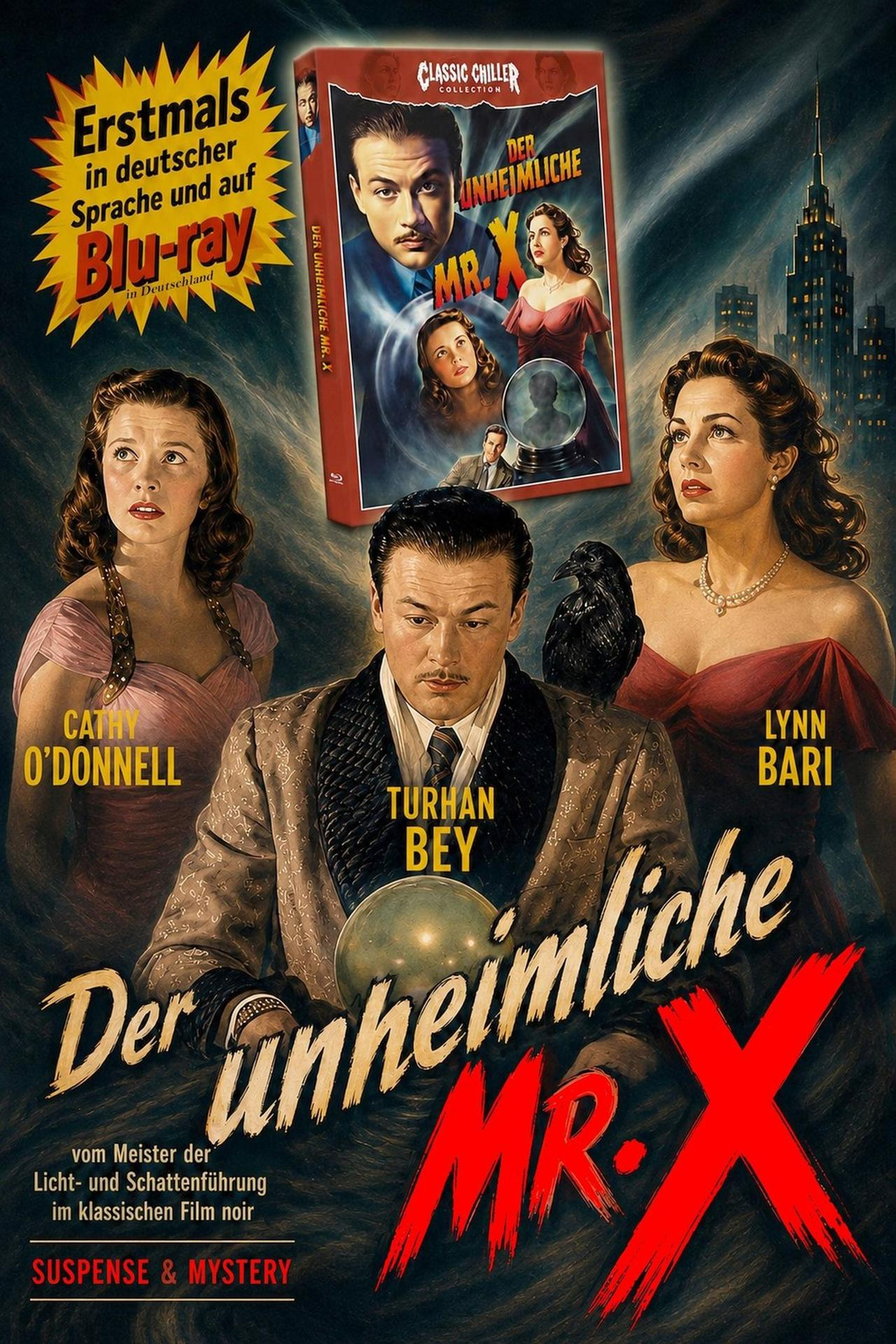 Filmplakat für Der unheimliche Mr. X mit Schauspielern, einem Raben und einer Stadtansicht.