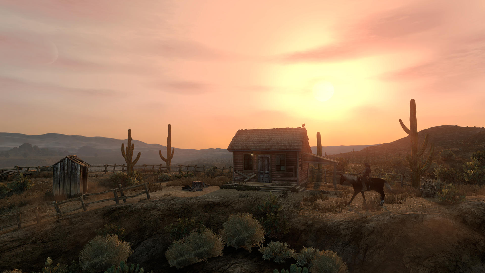 Ein Reiter auf einem Pferd reitet auf eine Hütte zu, Kakteen und Berge im Sonnenuntergang.