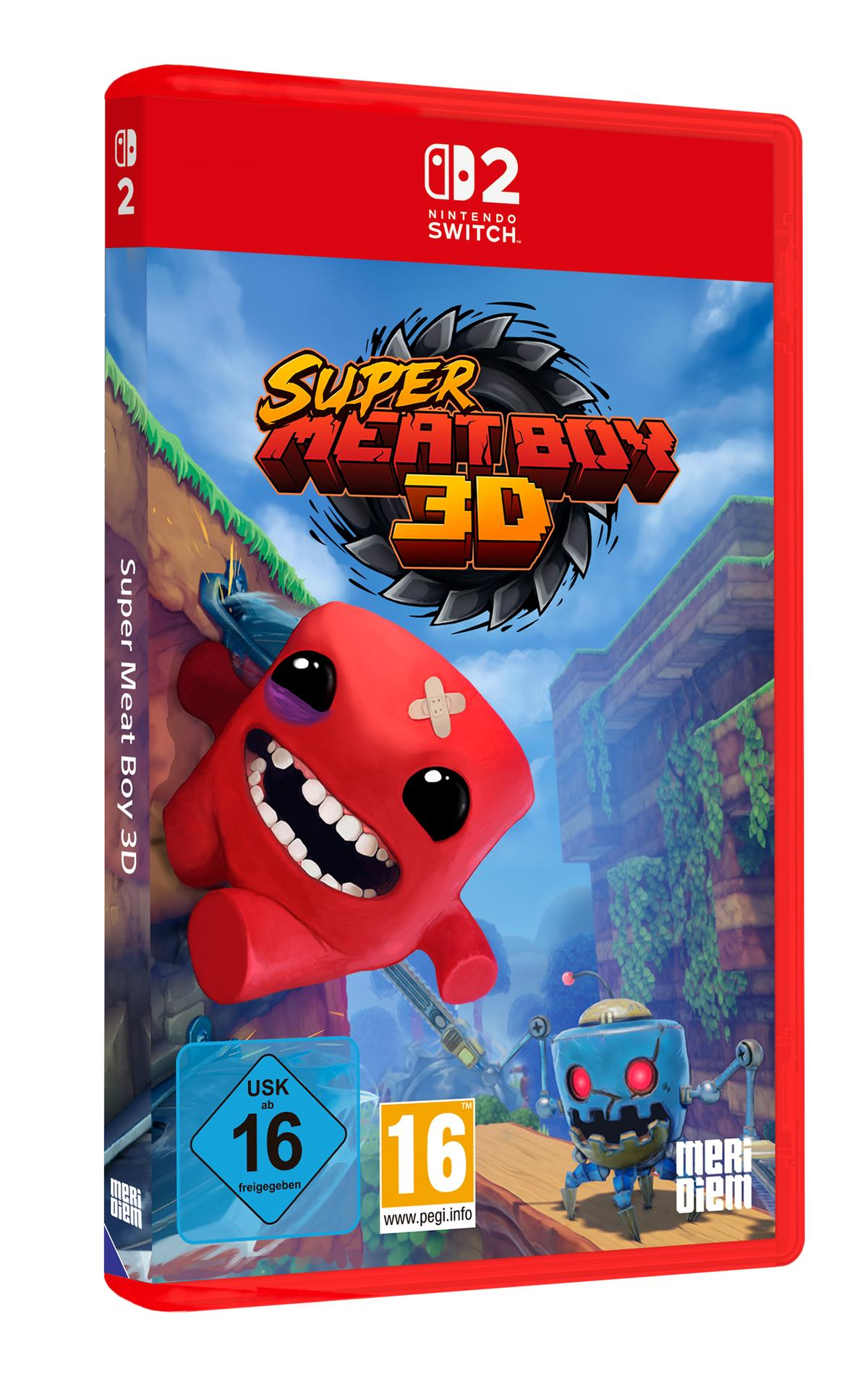Super Meat Boy 3D Nintendo Switch Hülle mit rotem Charakter, Roboter und Alterseinstufung.