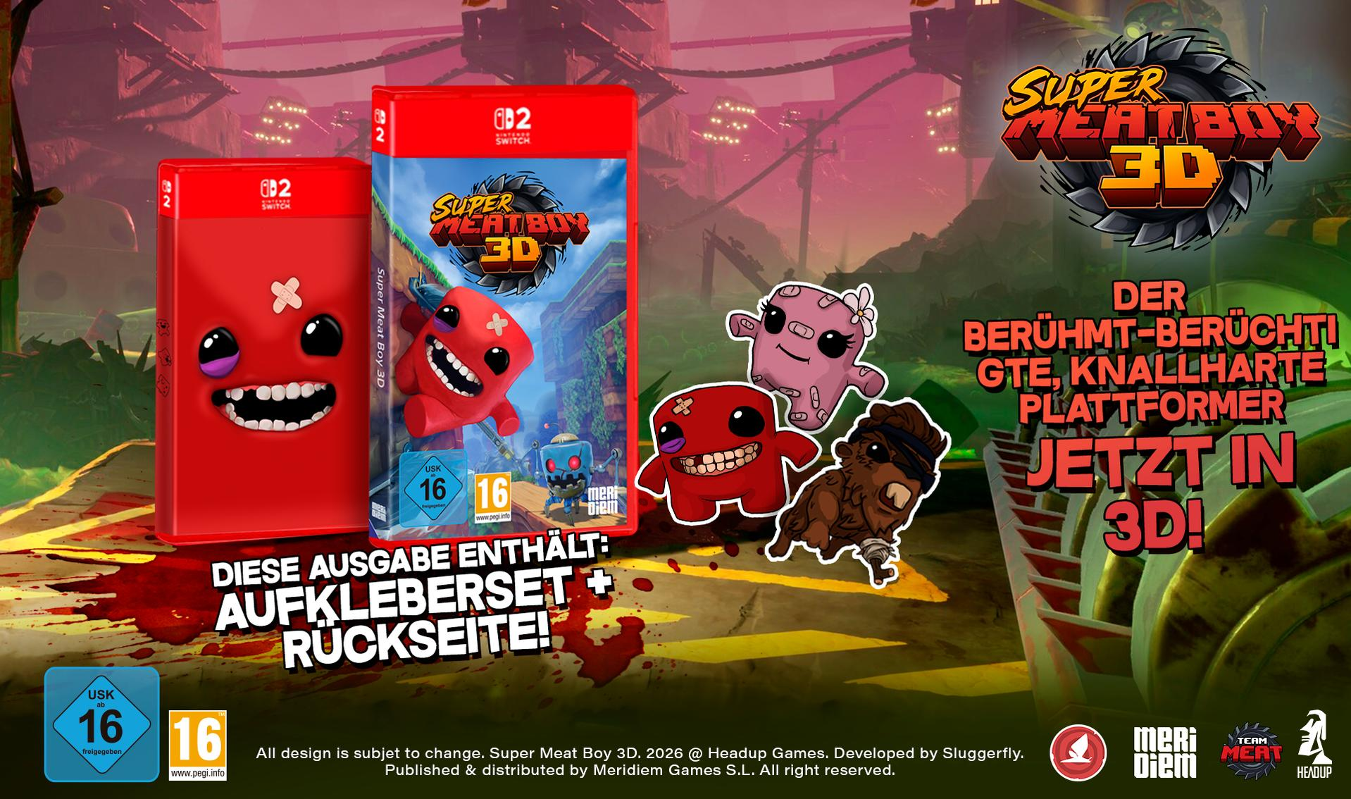 Super Meat Boy 3D Spielpackung mit Charakteren und deutscher Text.