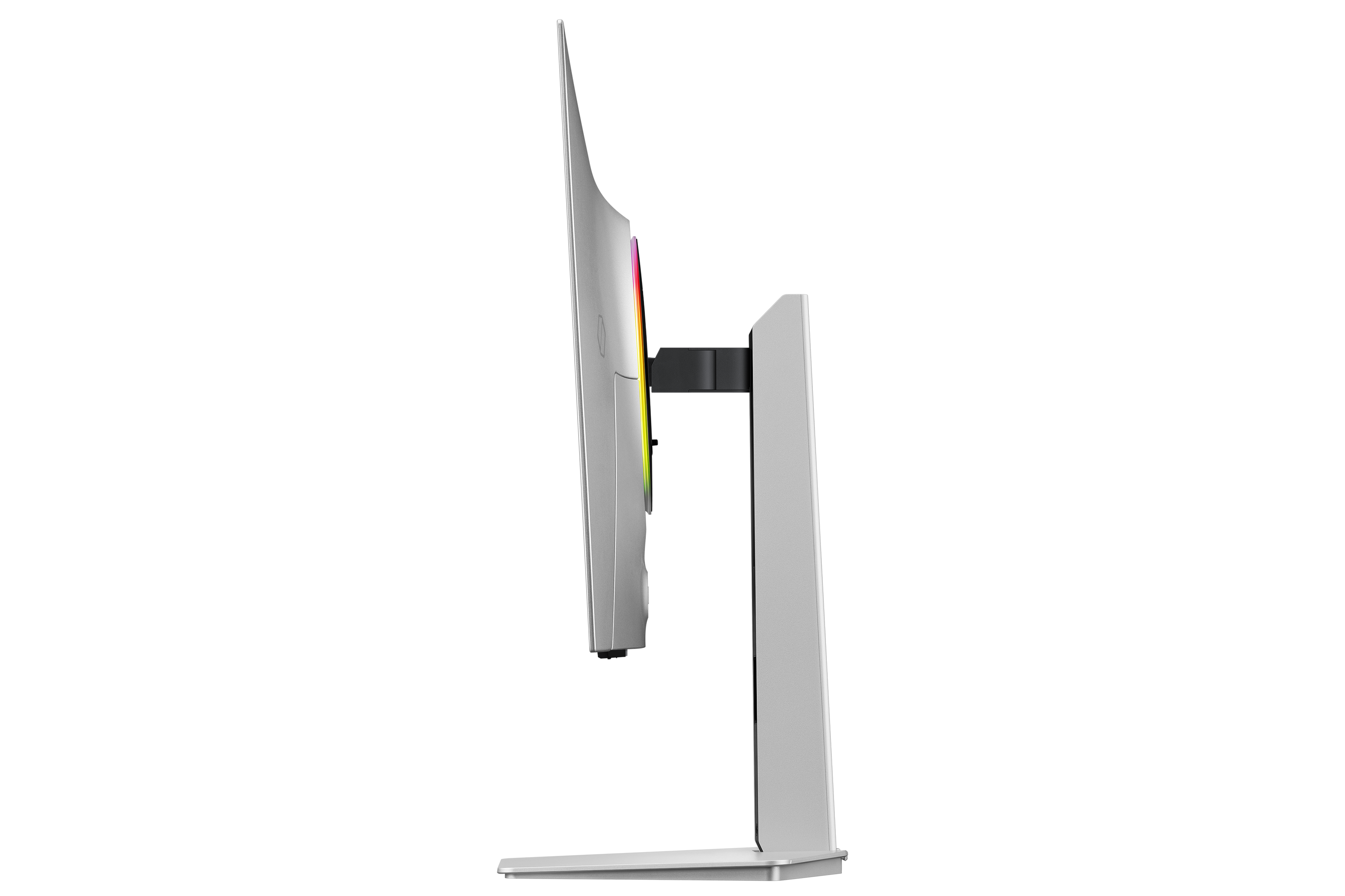 Ein schlanker, silberner Monitor mit RGB-Beleuchtung und einem schwarzen Standfuß.