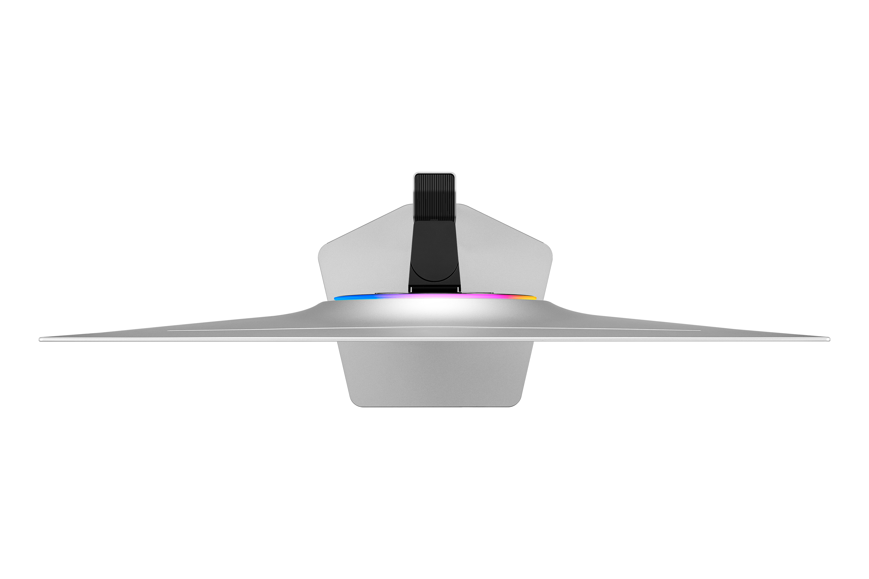 Ein silberner Monitorständer mit schwarzem Lüfter und RGB-Beleuchtung auf schwarzem Hintergrund.