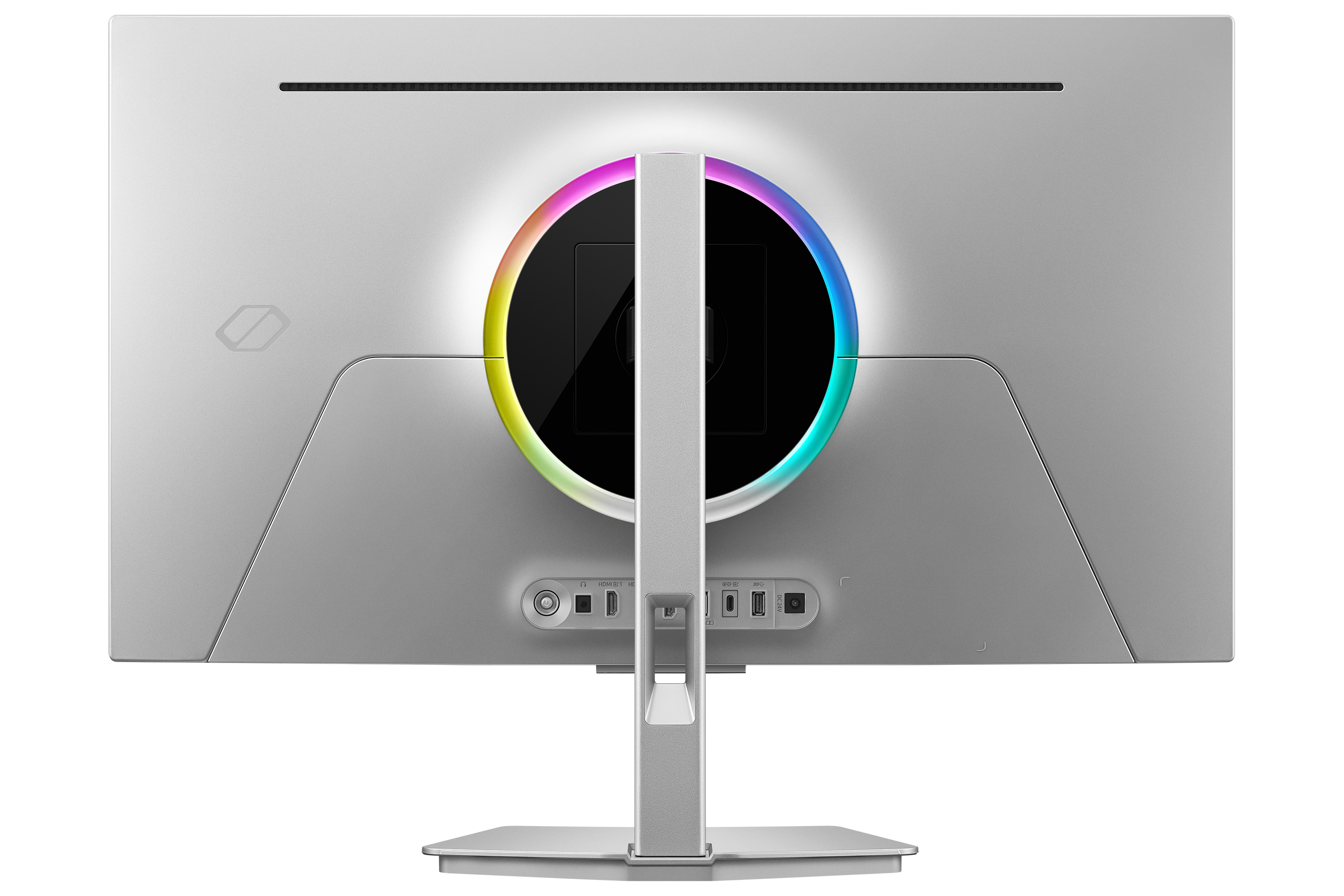 Rückseite eines silbernen Monitors mit RGB-Beleuchtung und Anschlüssen.