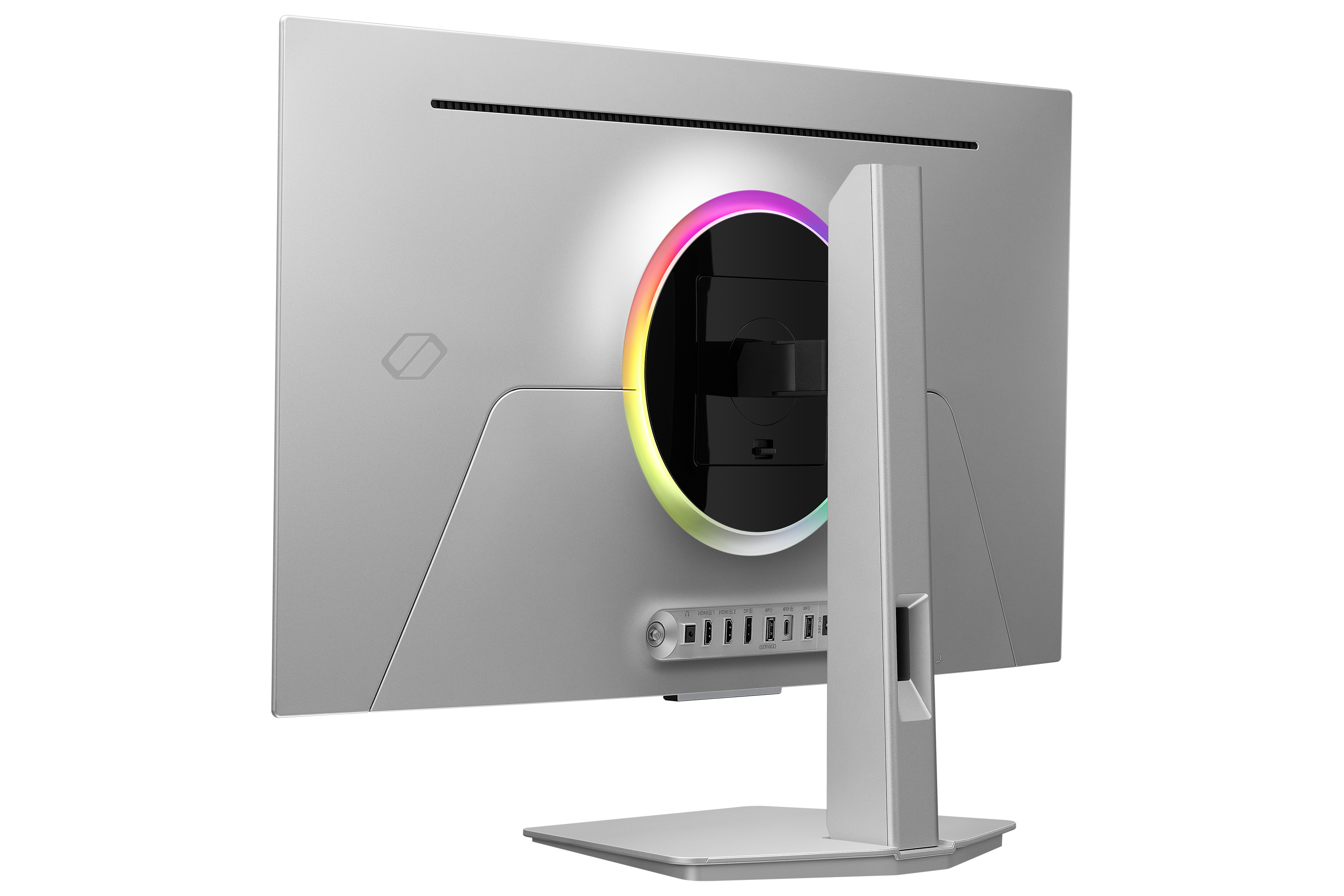 Rückseite eines silbernen Monitors mit RGB-Beleuchtung und Anschlüssen.