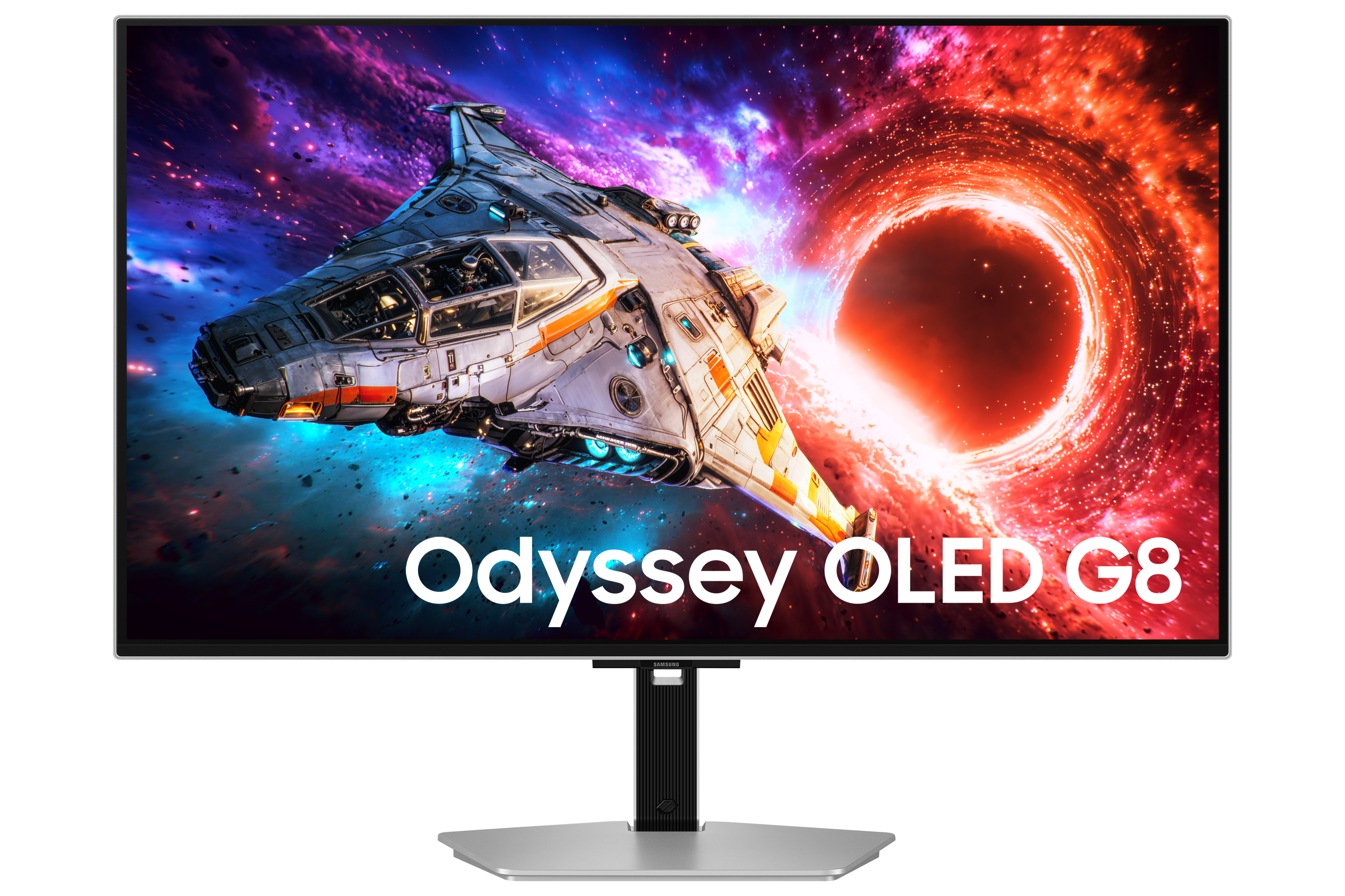 Ein Raumschiff fliegt auf ein schwarzes Loch zu, mit dem Text Odyssey OLED G8.