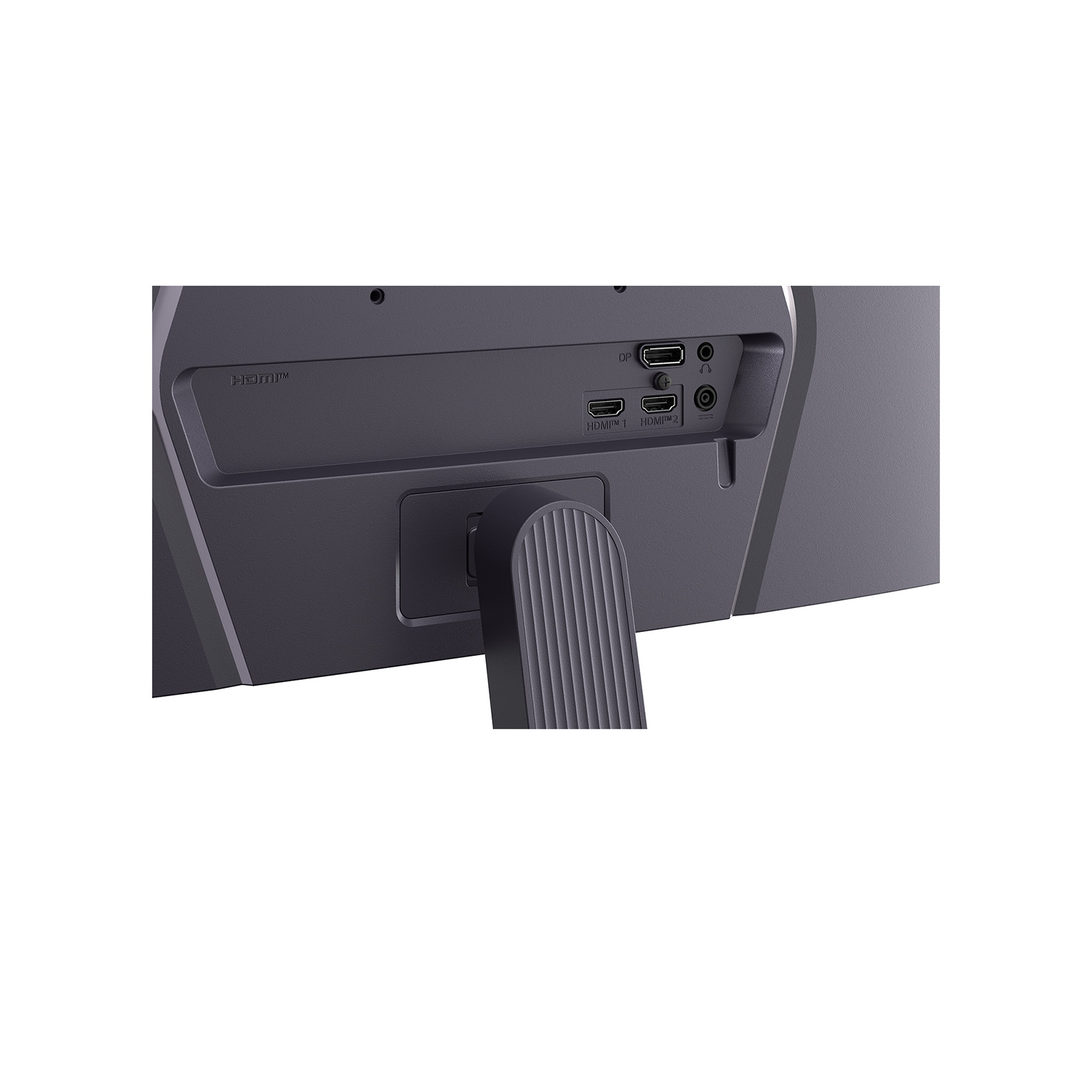 Rückseite eines Monitors mit Anschlüssen: DP, 2x HDMI, USB und Kopfhöreranschluss.