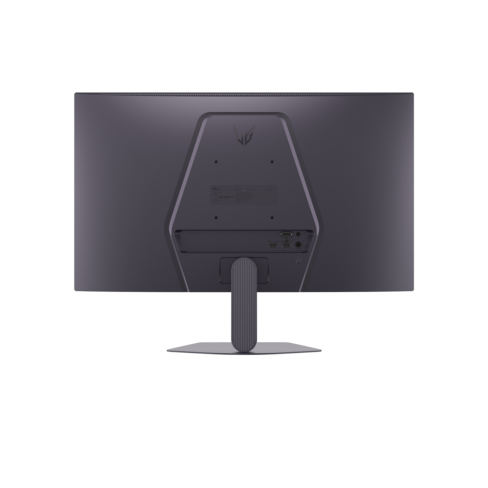 Rückseite eines dunklen Monitors mit Standfuß und Anschlüssen.
