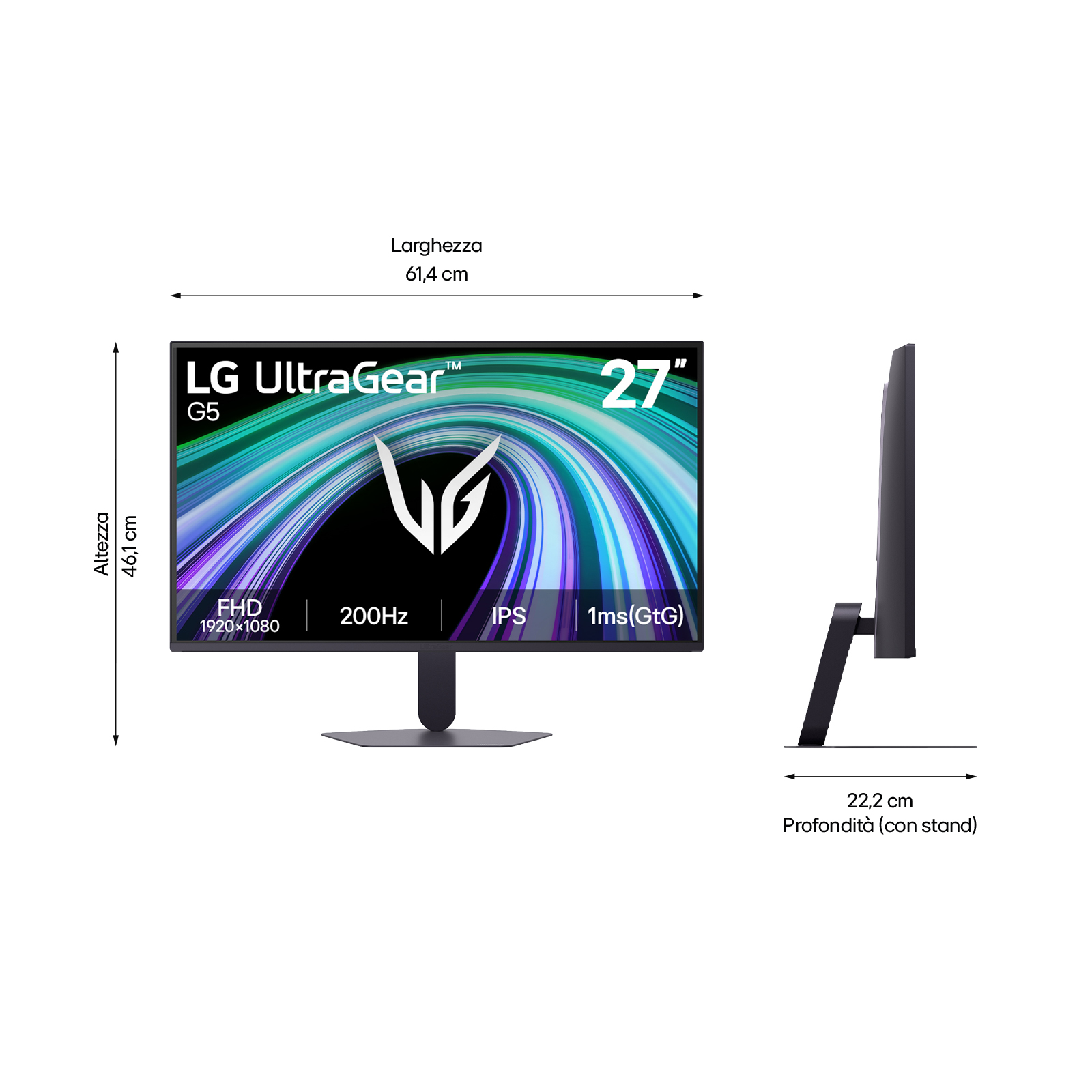 LG UltraGear G5 Monitor: 27 Zoll, FHD, 200Hz, IPS. Maße: 61,4cm Breite, 46,1cm Höhe, 22,2cm Tiefe.