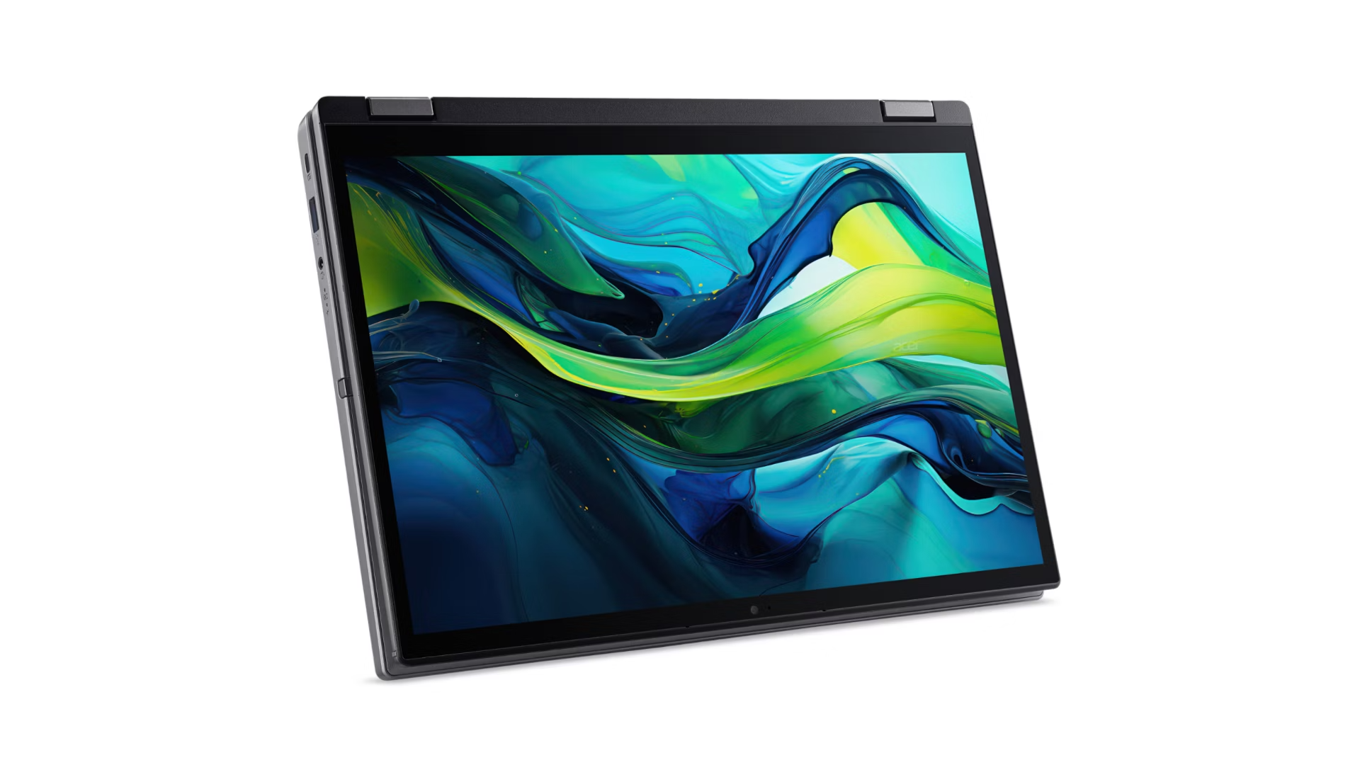 Ein geschlossener Laptop mit einem abstrakten, flüssigen Hintergrund auf dem Bildschirm.
