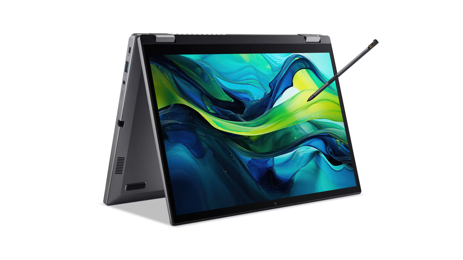 Ein graues Convertible-Notebook mit einem Stift, der auf den Bildschirm zeigt. Abstrakte Kunst auf dem Bildschirm.