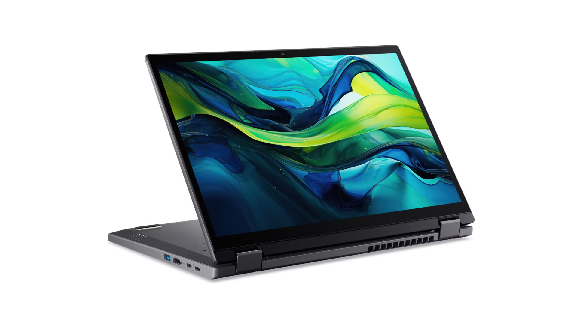 Ein offenes graues Laptop mit einem bunten Bildschirm auf weißem Hintergrund.