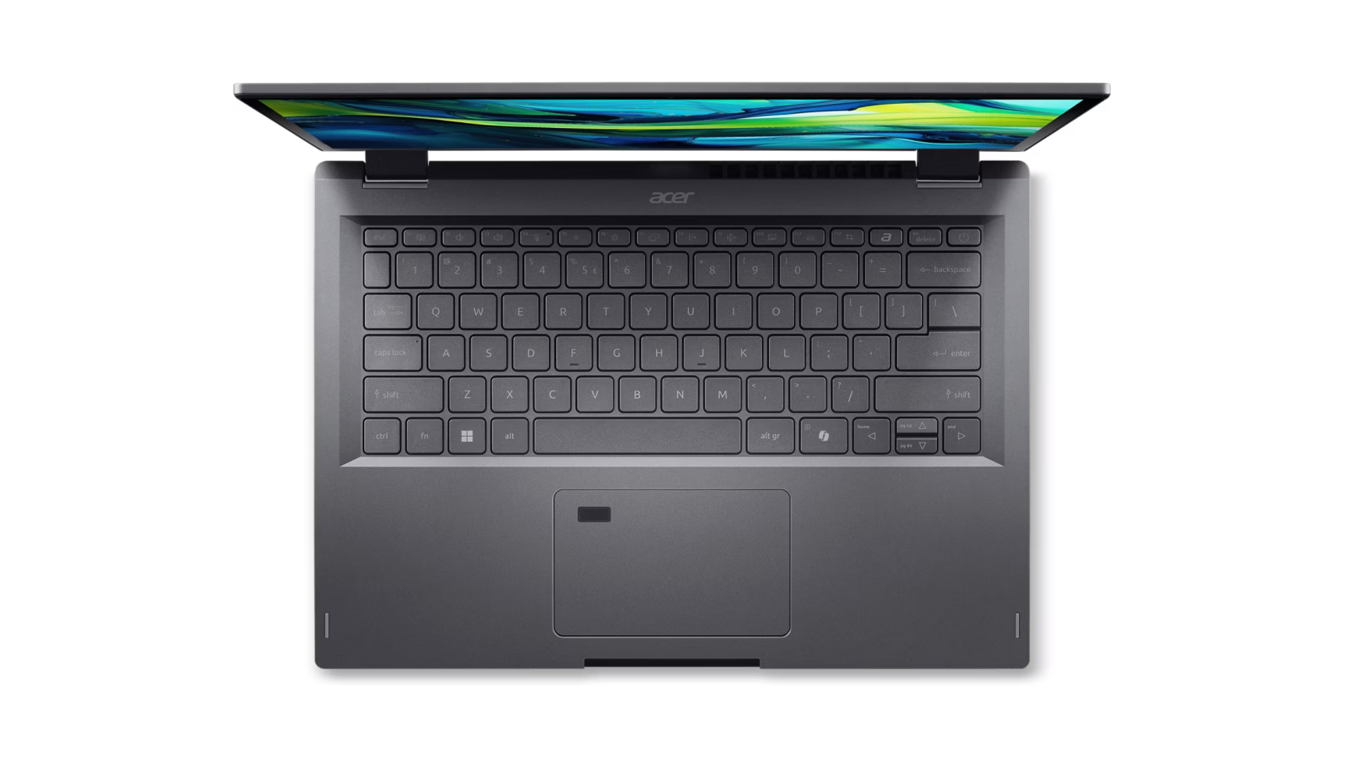 Ein geöffneter grauer Laptop mit beleuchtetem Bildschirm und Tastatur.