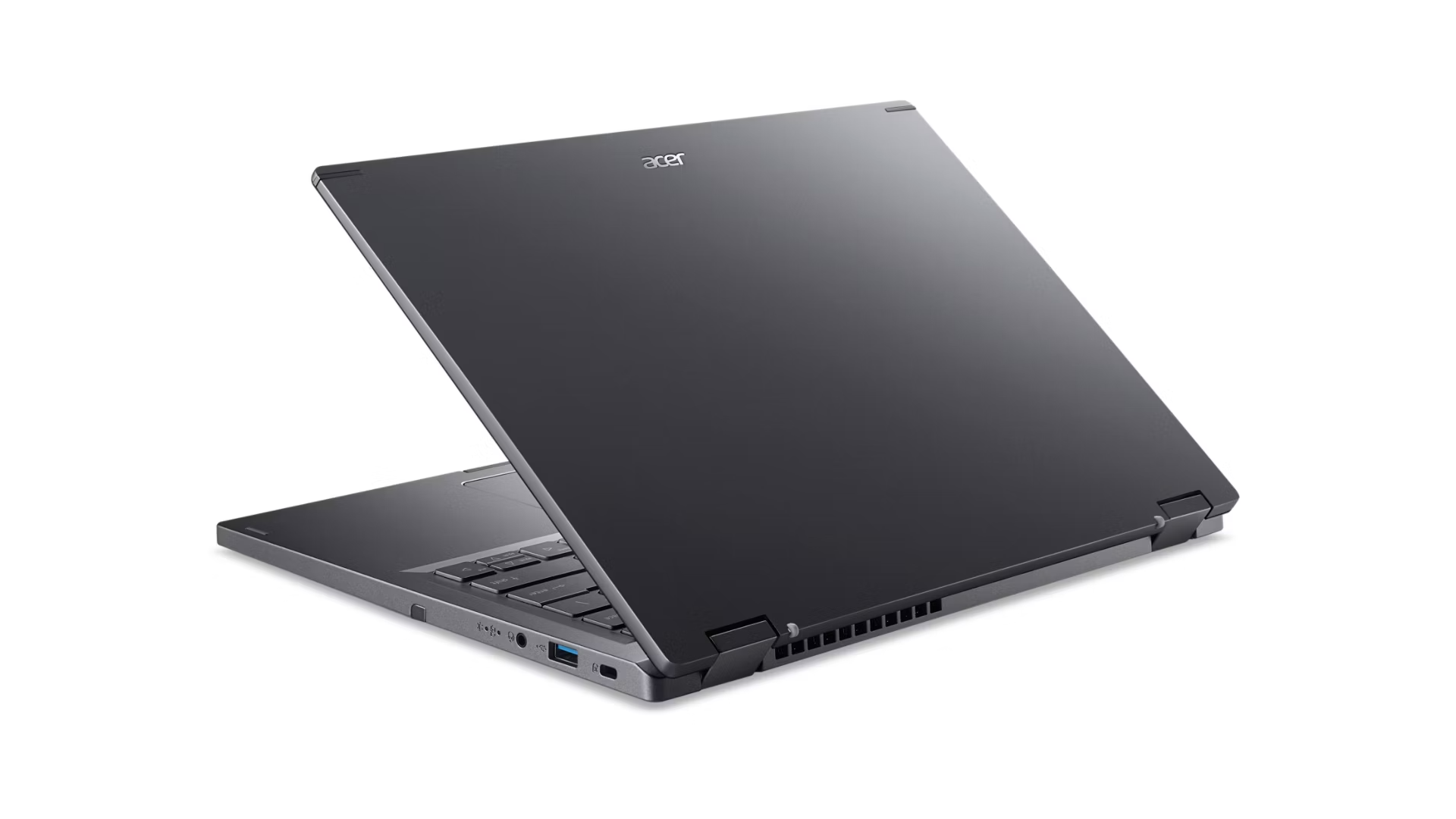 Ein geschlossener, dunkler Acer Laptop liegt auf einem weißen Hintergrund.